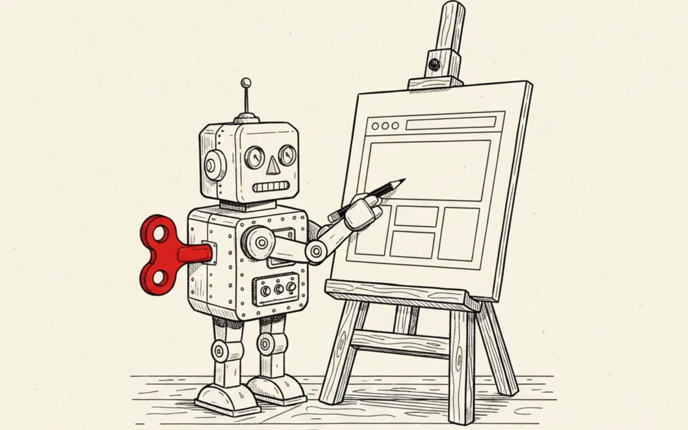 Illustration: a hand-drawn wind-up toy robot with a signal-red key in its back, standing at an easel holding a blank webpage wireframe.