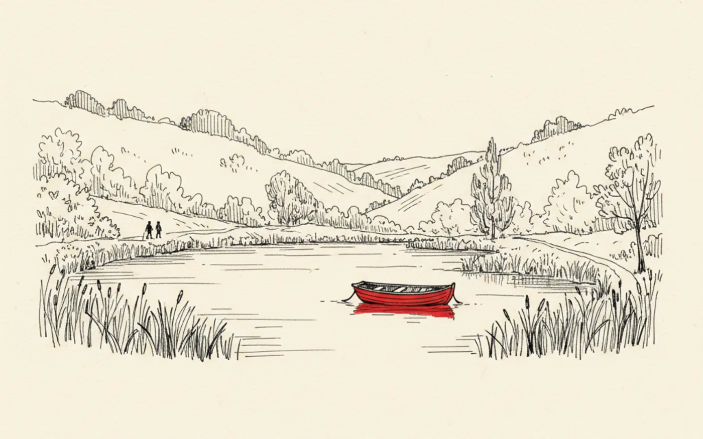 Hand-drawn ink illustration of the lake at Dare Valley Country Park with wooded valley slopes behind and a single red rowing boat on the water.