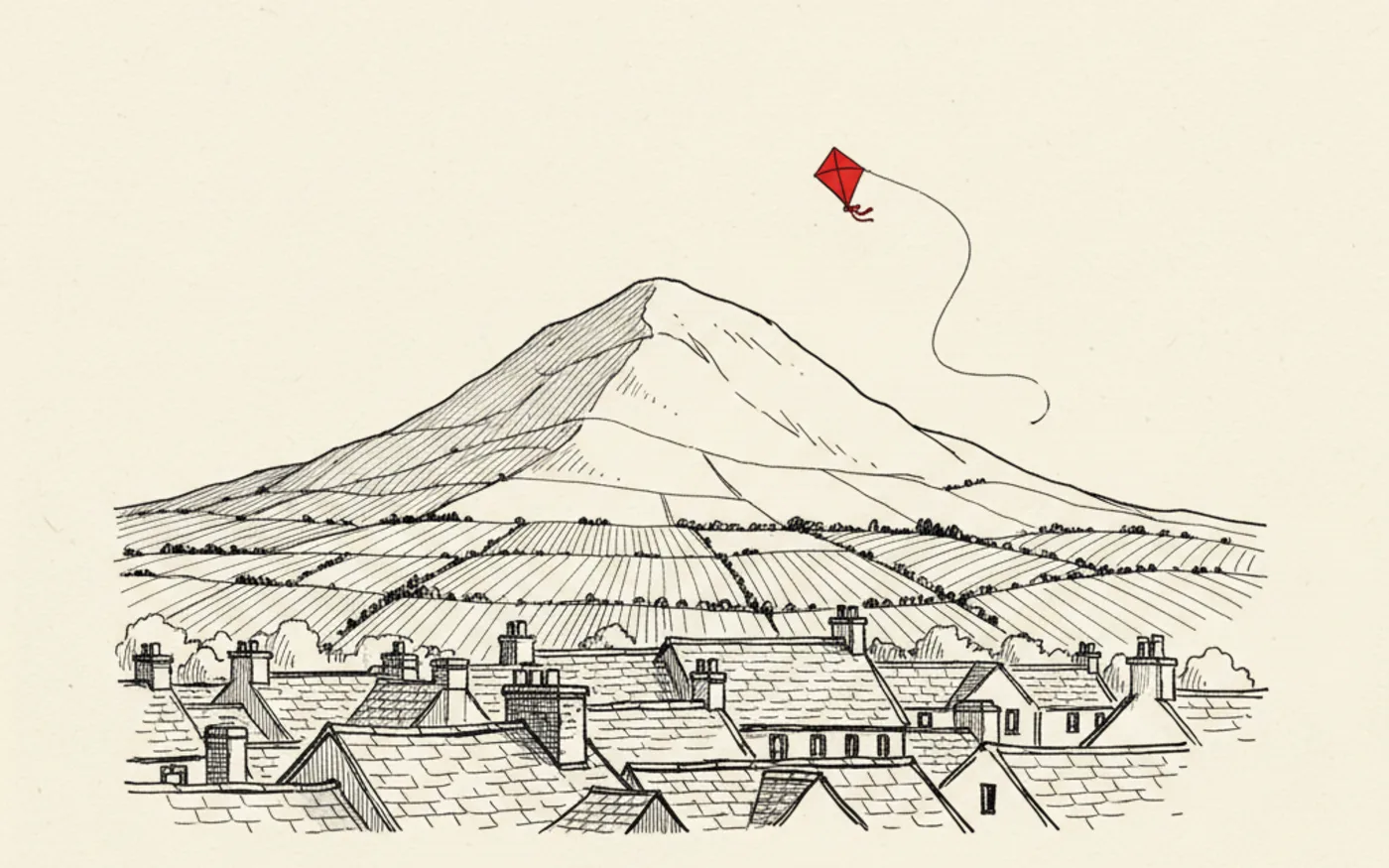 Hand-drawn ink illustration of Abergavenny rooftops and chimneys below the Sugar Loaf mountain, with a single red kite flying above the town.