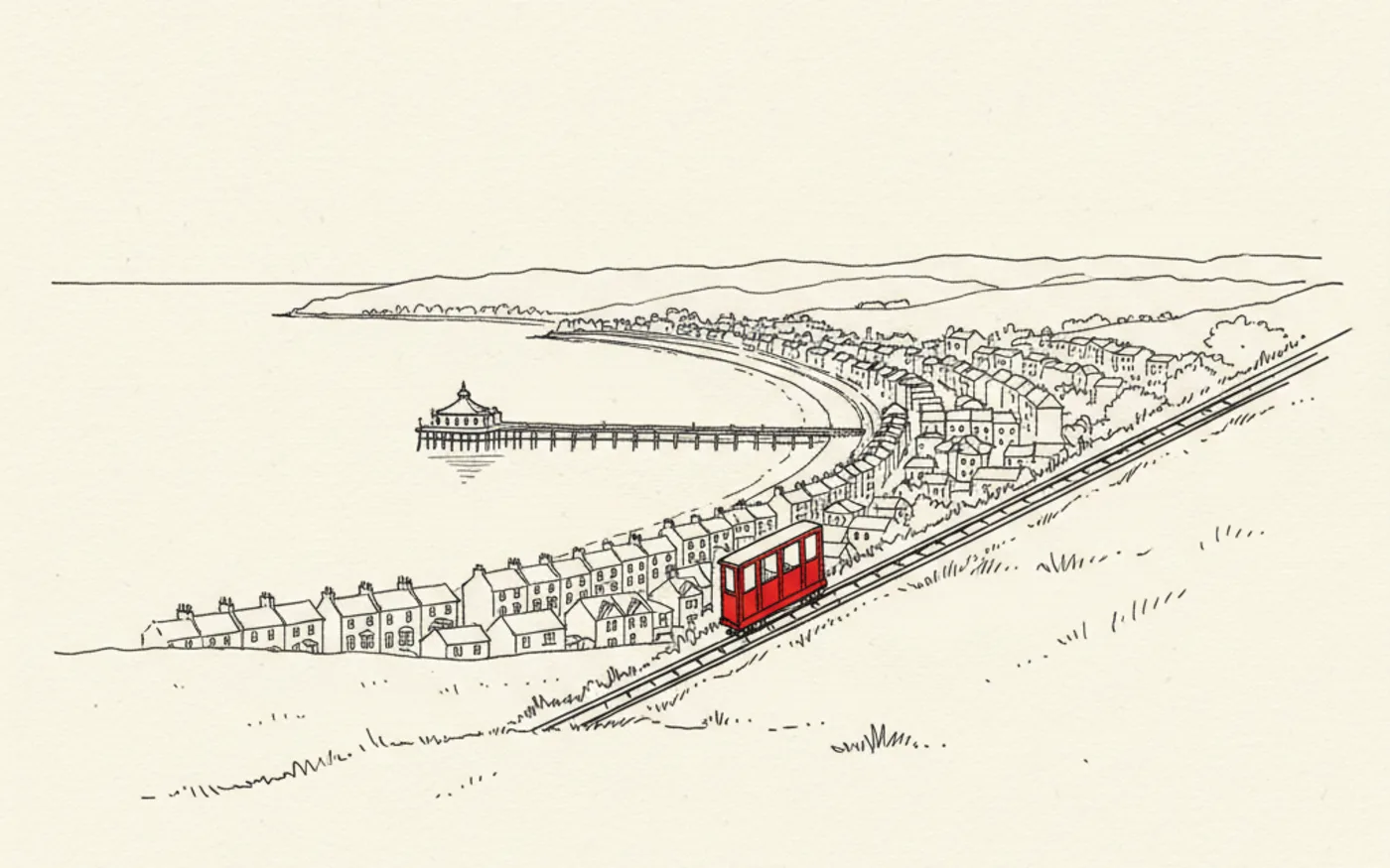Hand-drawn ink illustration of Aberystwyth's curved promenade and pier seen from Constitution Hill, with the small cliff railway car picked out in signal red.