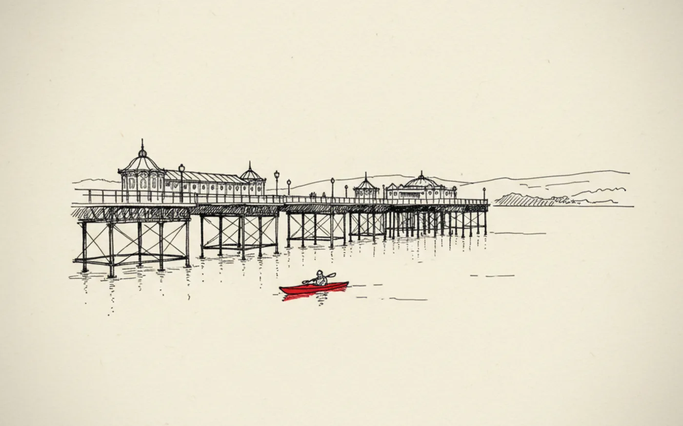 Hand-drawn ink illustration of Bangor's Garth Pier reaching over the Menai Strait, with a single signal-red kayak paddling near its legs.