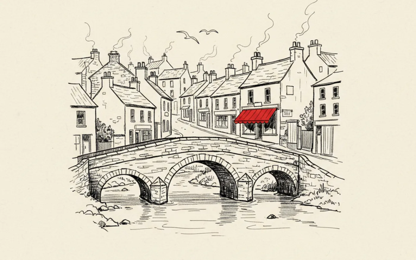 Hand-drawn ink illustration of Bridgend's old stone bridge over the River Ogmore with town buildings behind, one shop awning in signal red.