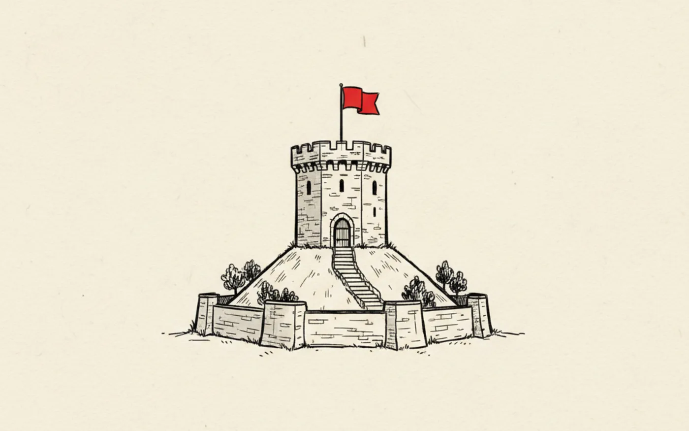Hand-drawn ink illustration of Cardiff Castle's Norman keep on its grassy motte, with a single plain red flag flying from the battlements.
