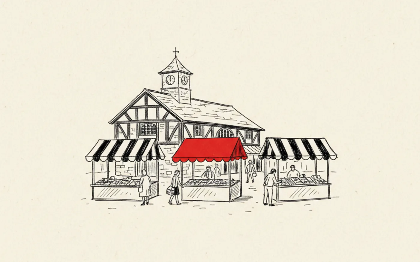 Hand-drawn ink illustration of a Carmarthen market scene with stalls and shoppers, one stall canopy picked out in signal red.