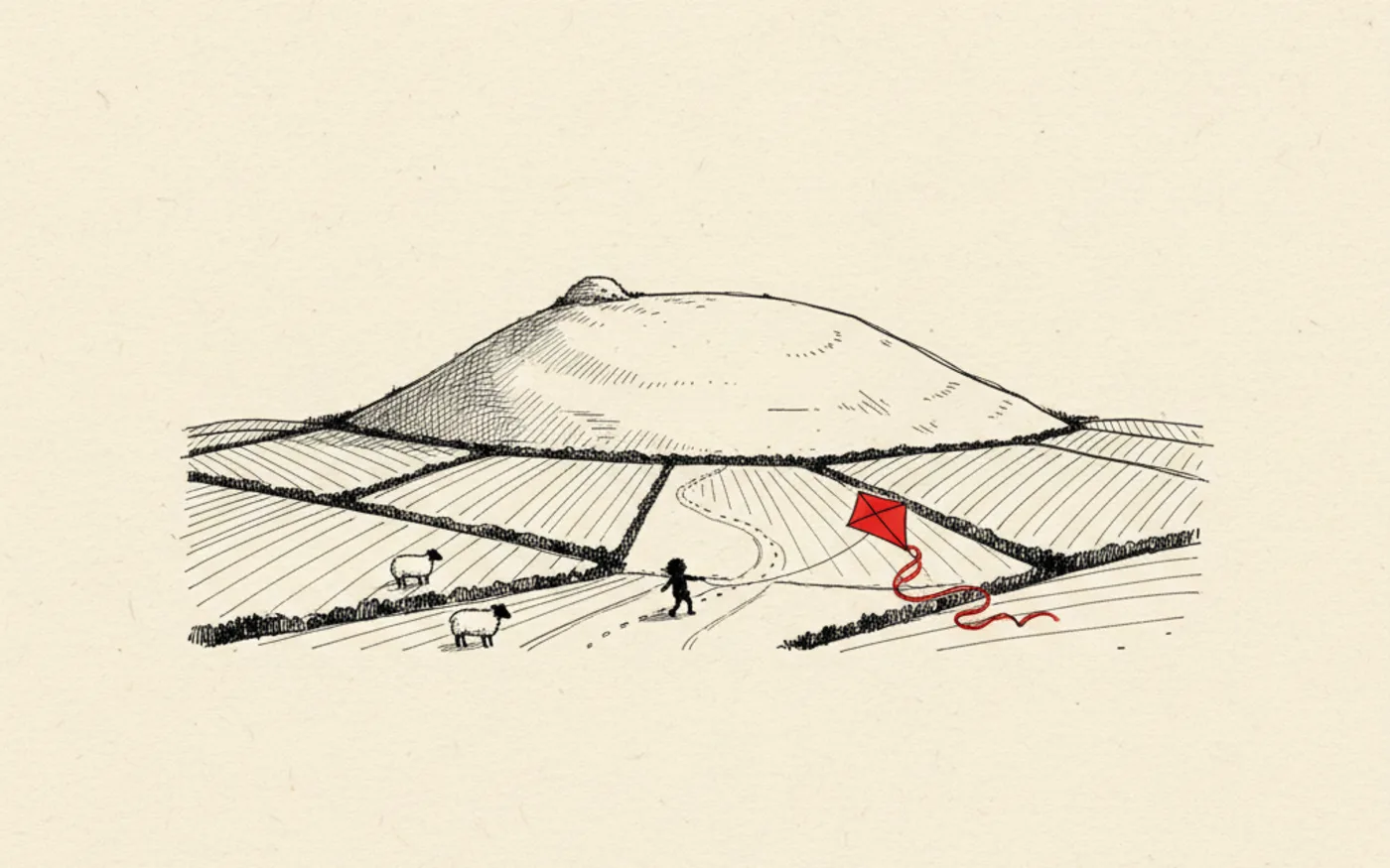 Hand-drawn ink illustration of Twmbarlwm hill above Cwmbran with its ancient mound, a child on the path flying a signal-red kite.