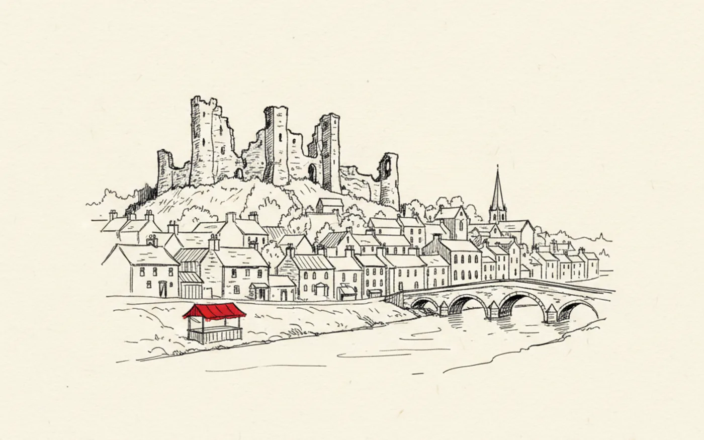 Hand-drawn ink illustration of Haverfordwest Castle on its hill above the town rooftops and the Cleddau bridge, with a single market-stall awning in signal red by the river.