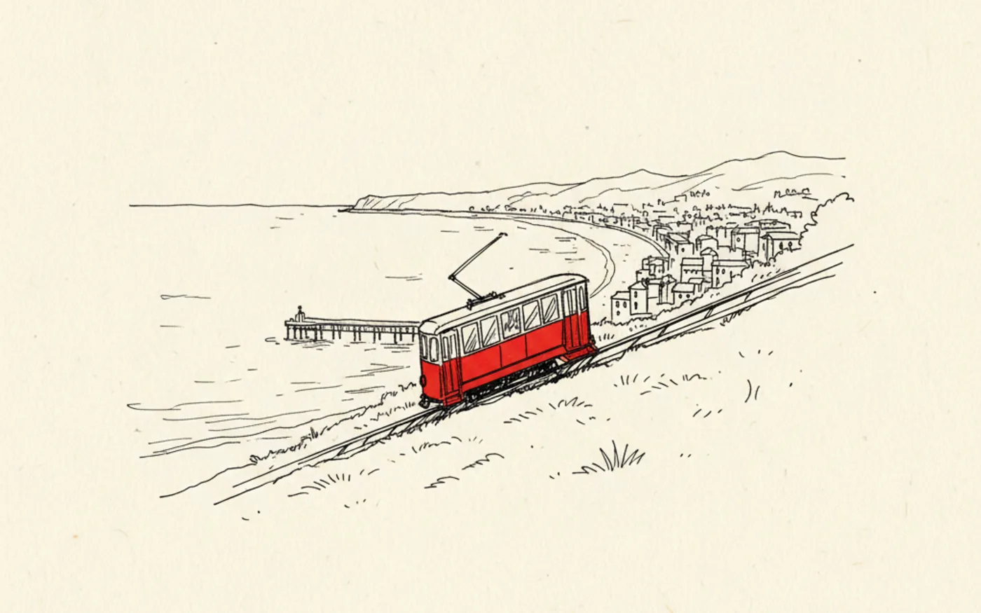 Hand-drawn ink illustration of a Great Orme tramway car in signal red climbing above Llandudno, with the bay and pier sketched below.