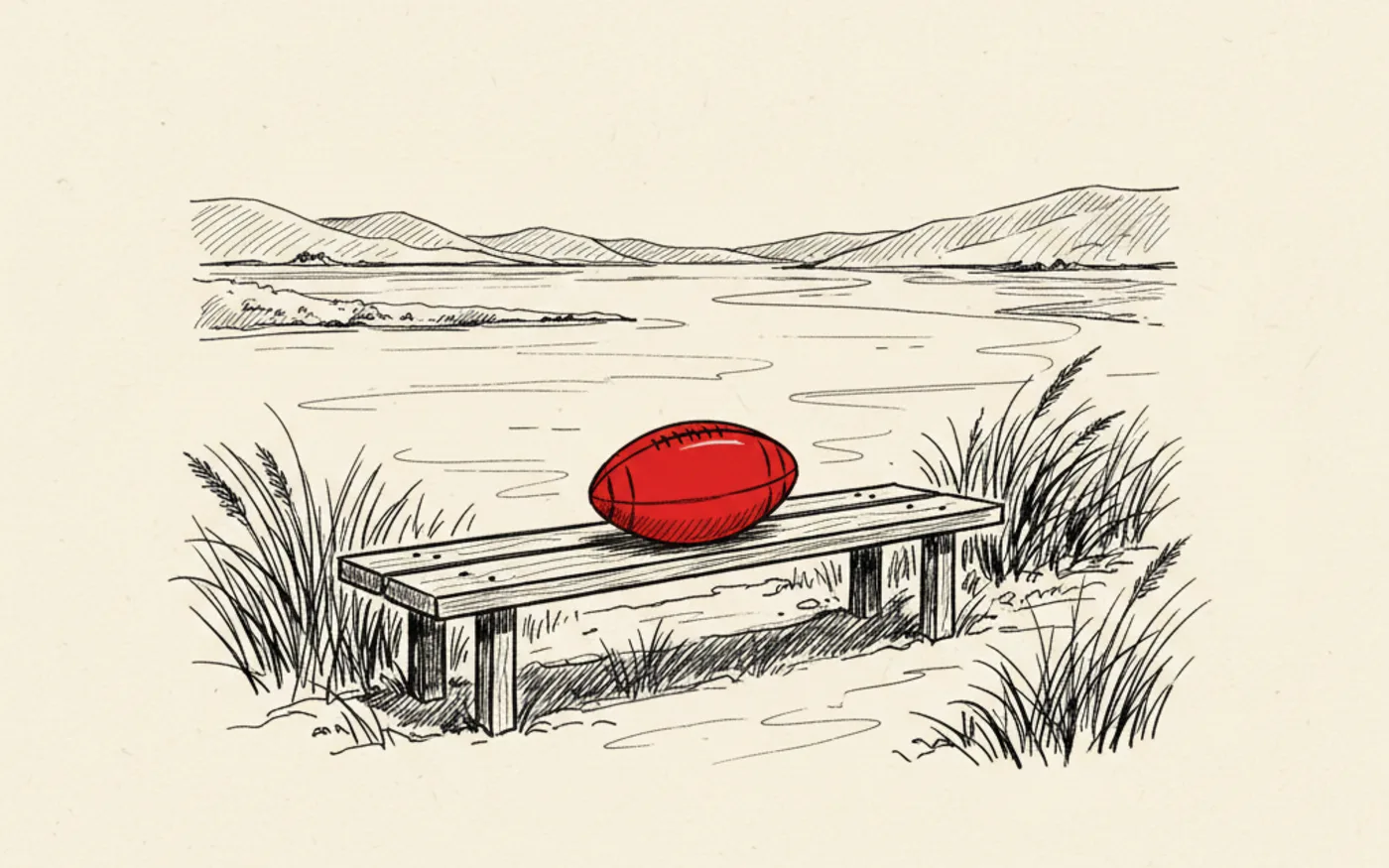 Hand-drawn ink illustration of a bench on the Millennium Coastal Path overlooking the Loughor estuary, with a red rugby ball resting on the bench.