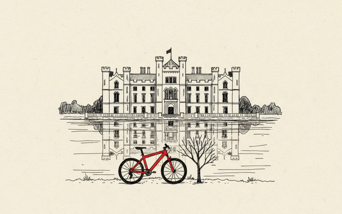 Hand-drawn ink illustration of Cyfarthfa Castle seen across its lake, with a red mountain bike leaning against a tree in the foreground.