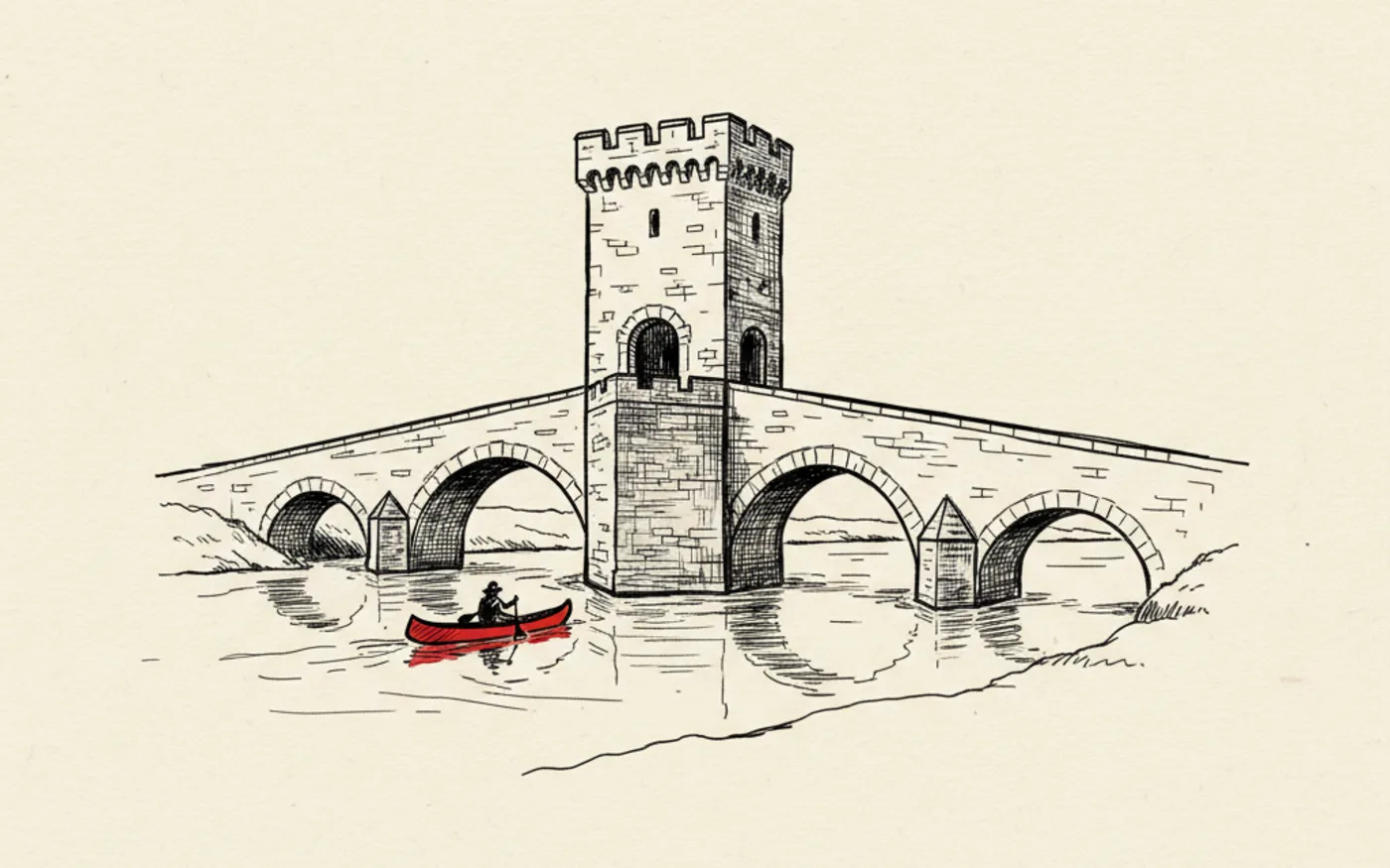 Hand-drawn ink illustration of Monmouth's fortified Monnow Bridge gatehouse with a signal-red canoe passing on the river below.