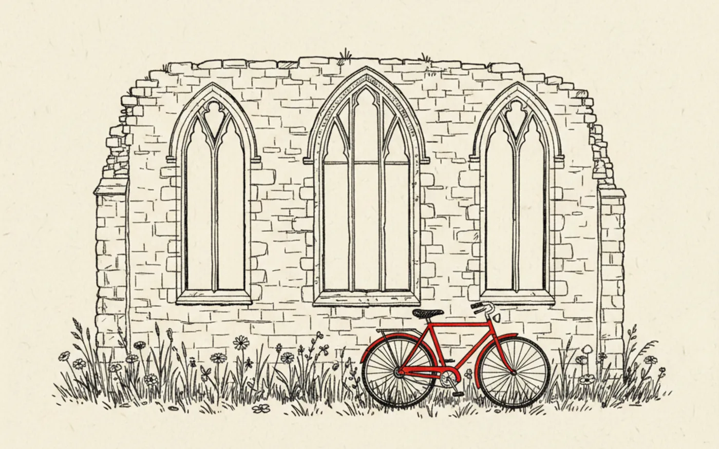 Hand-drawn ink illustration of the ruined stone arches of Neath Abbey with a red bicycle leaning against the wall in the foreground.