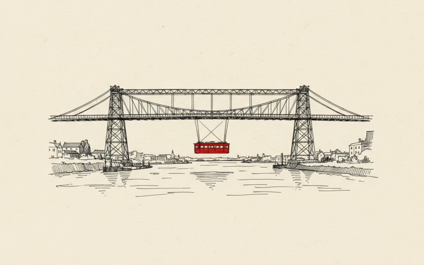 Hand-drawn ink illustration of the Newport Transporter Bridge over the River Usk, its suspended gondola picked out in signal red.