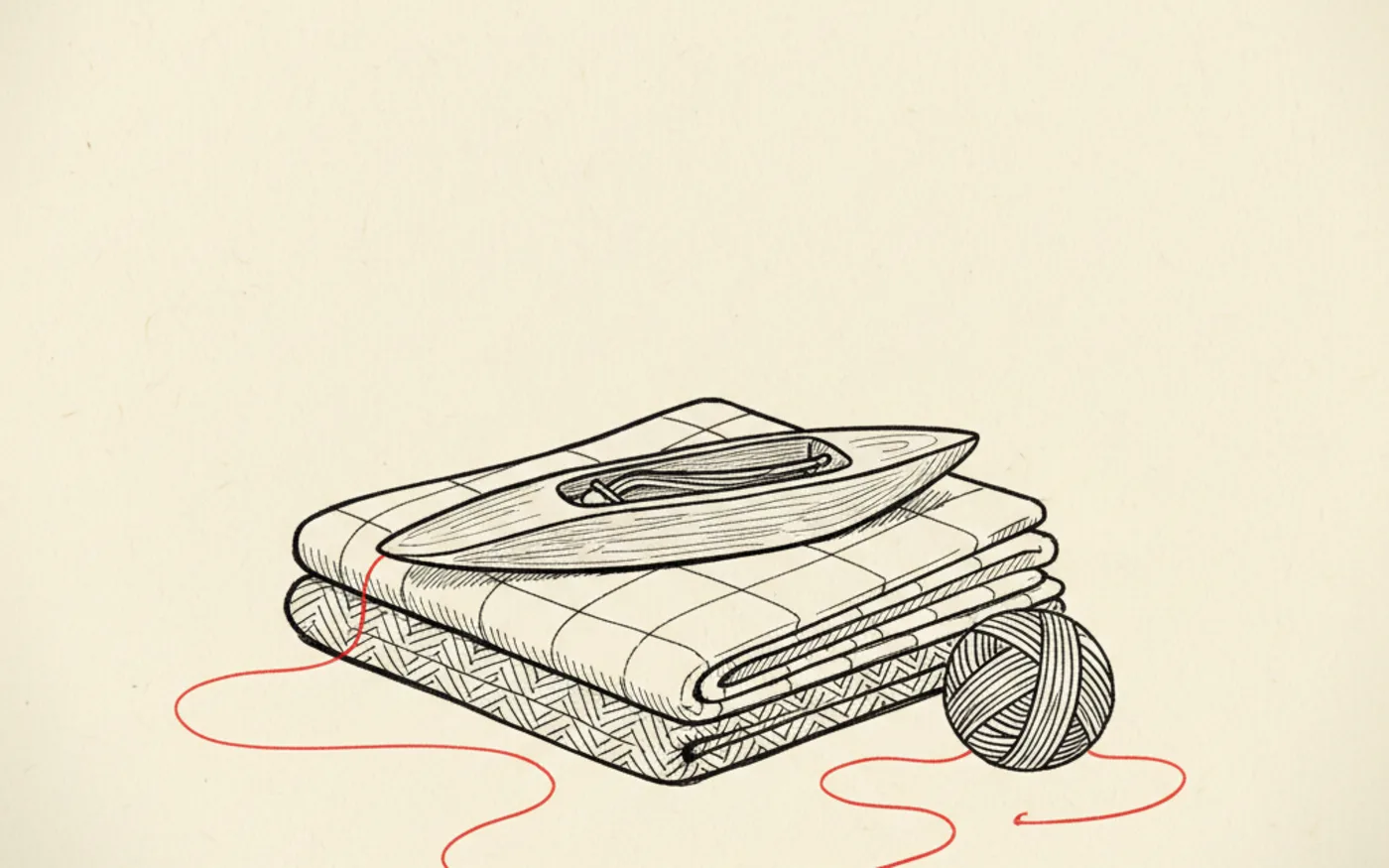 Hand-drawn ink illustration of a weaver's shuttle resting on folded flannel cloth for Newtown's textile heritage, with a signal-red thread trailing from a ball of yarn.