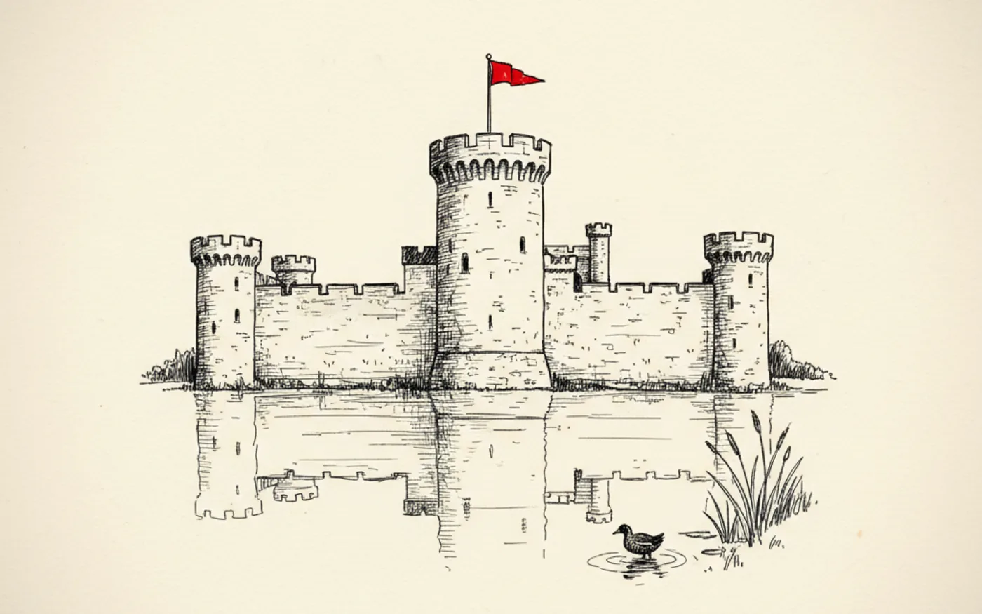 Hand-drawn ink illustration of Pembroke Castle's great keep above the millpond, with a single signal-red pennant flying from the tower.
