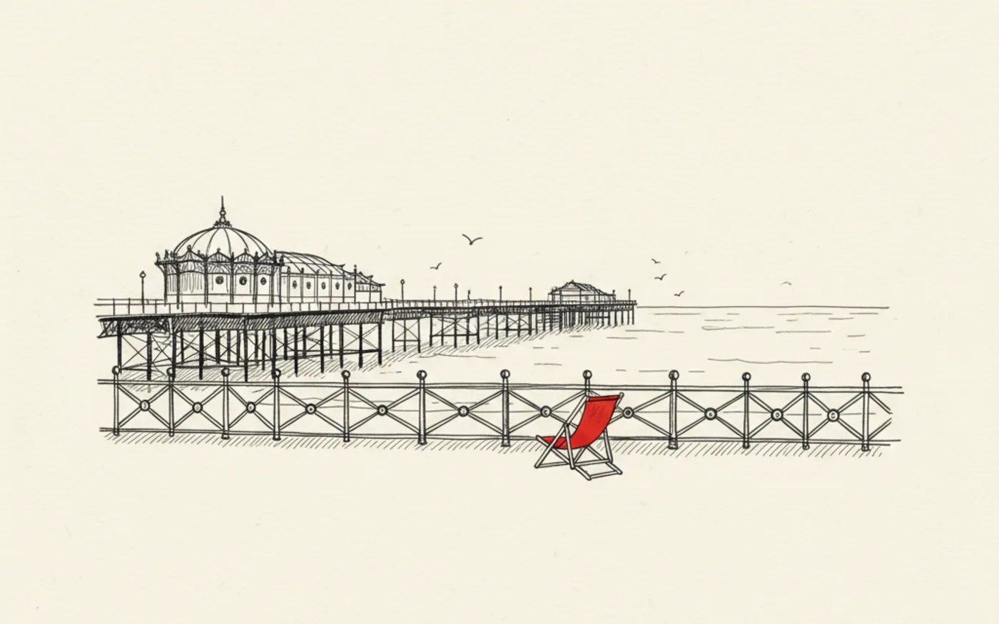 Hand-drawn ink illustration of Penarth Pier and its pavilion from the esplanade, with a single signal-red deckchair facing the sea.