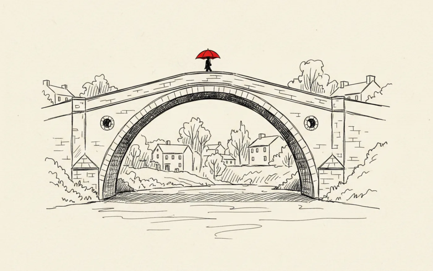Hand-drawn ink illustration of Pontypridd's single-arch Old Bridge over the River Taff, with a figure holding a red umbrella crossing it.