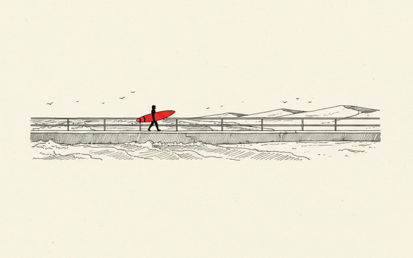 Hand-drawn ink illustration of Aberavon seafront promenade with waves rolling in and a walker carrying a red surfboard.