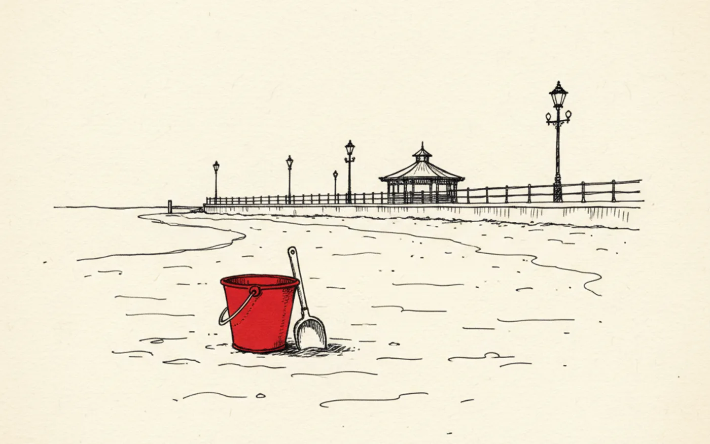 Hand-drawn ink illustration of Rhyl's beach and promenade, with a single child's bucket and spade in signal red standing in the sand.