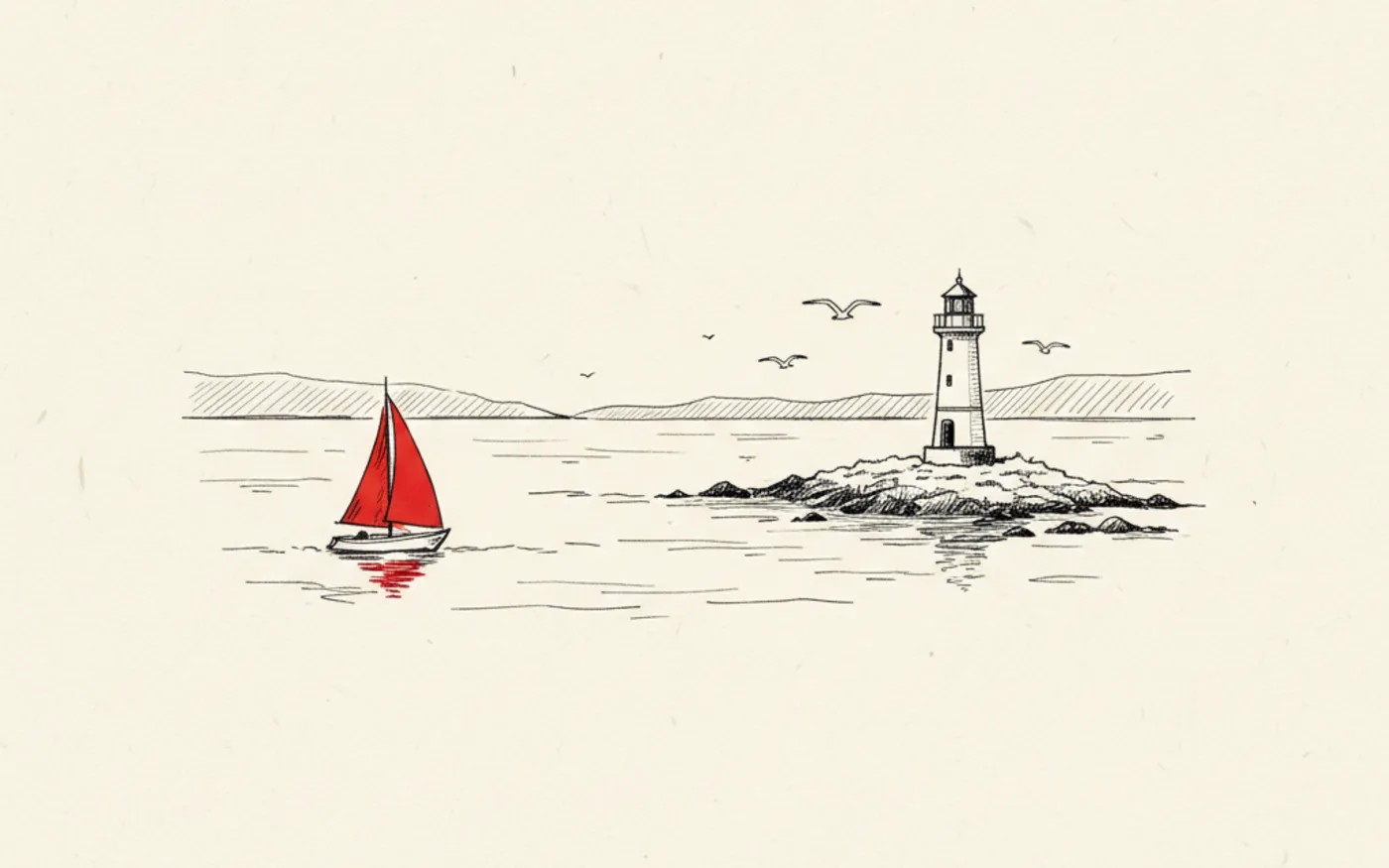 Hand-drawn ink illustration of Mumbles lighthouse on its island across Swansea Bay, with a small sailing boat whose sail is filled in signal red.