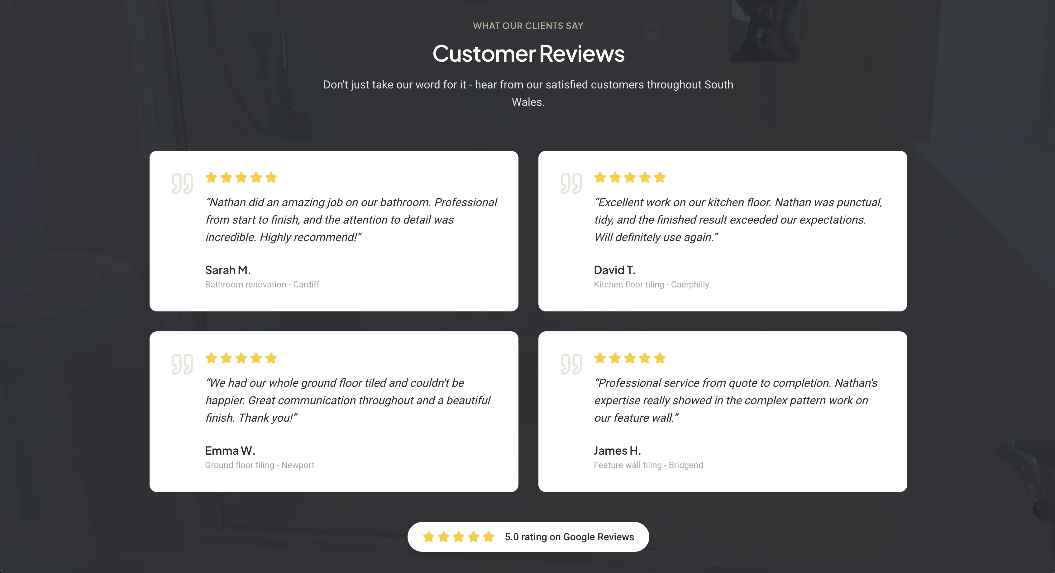 Airey Tiling website, reviews page