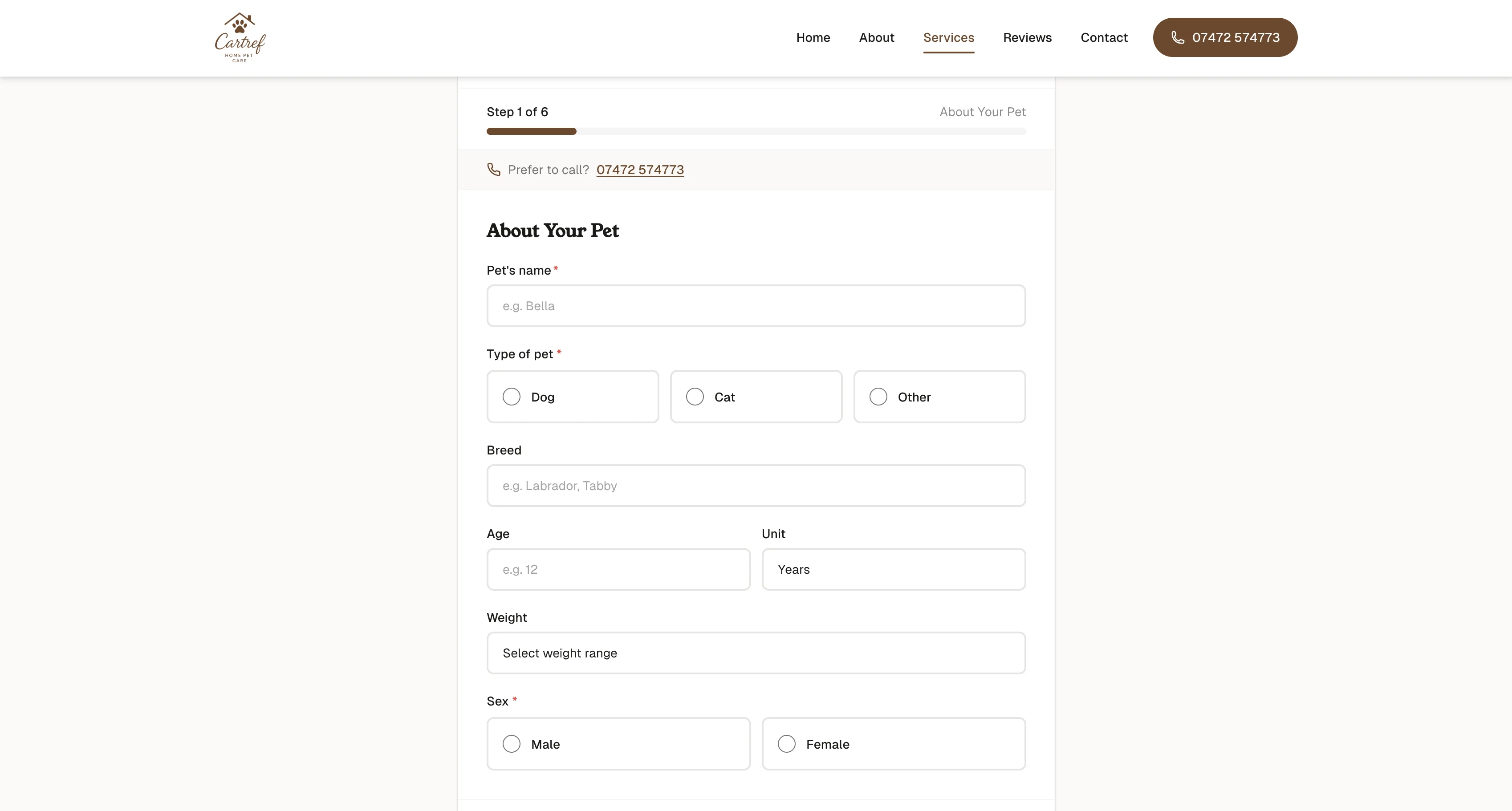 Cartref Home Pet Care website, enquiry form