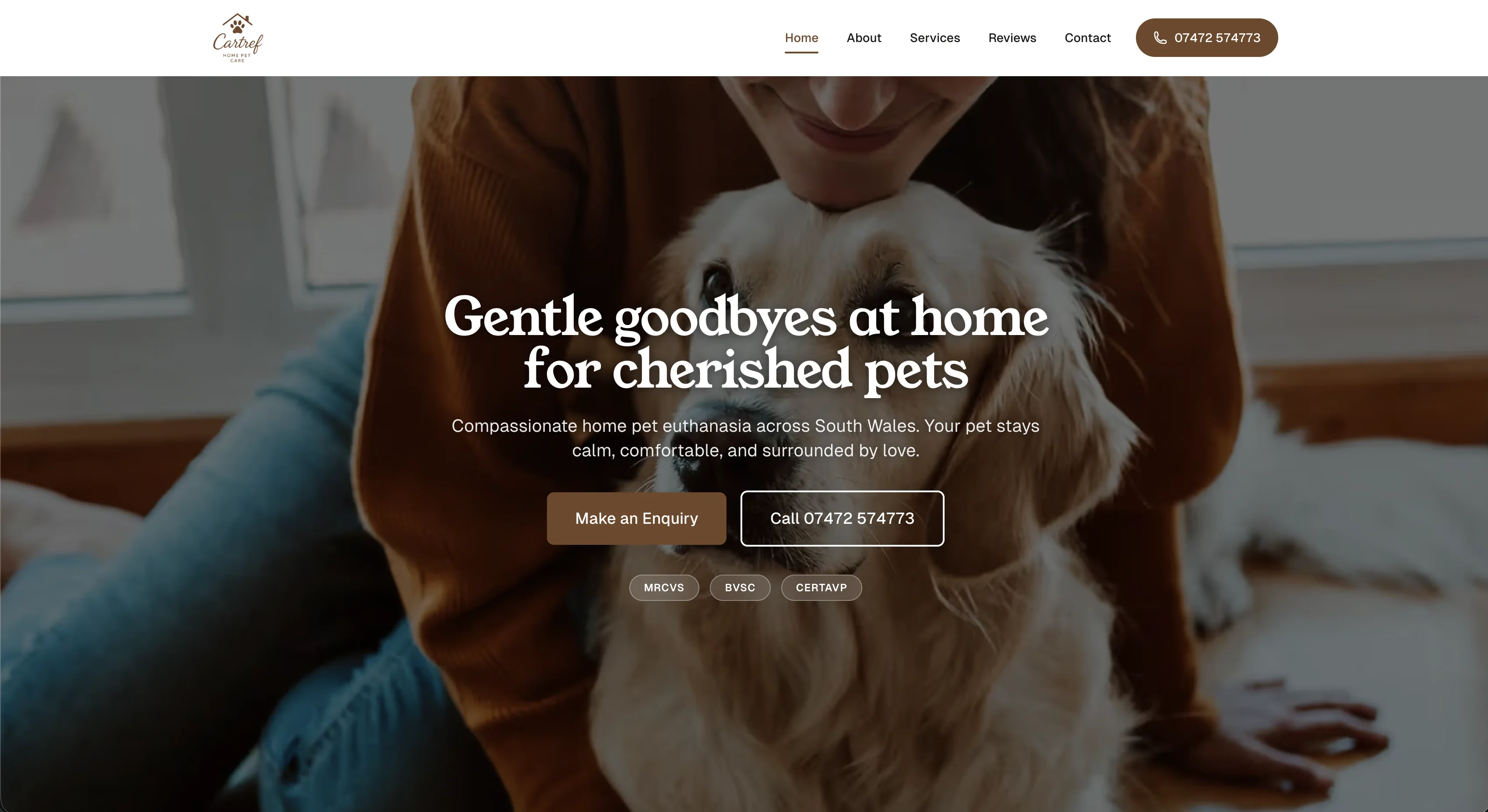 Cartref Home Pet Care website, home page