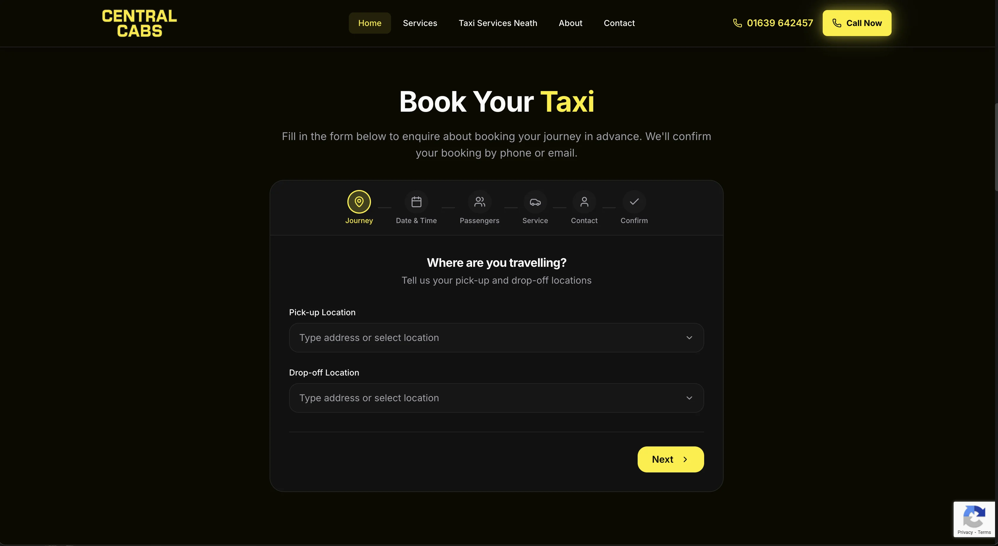 Central Cabs Neath website, booking form