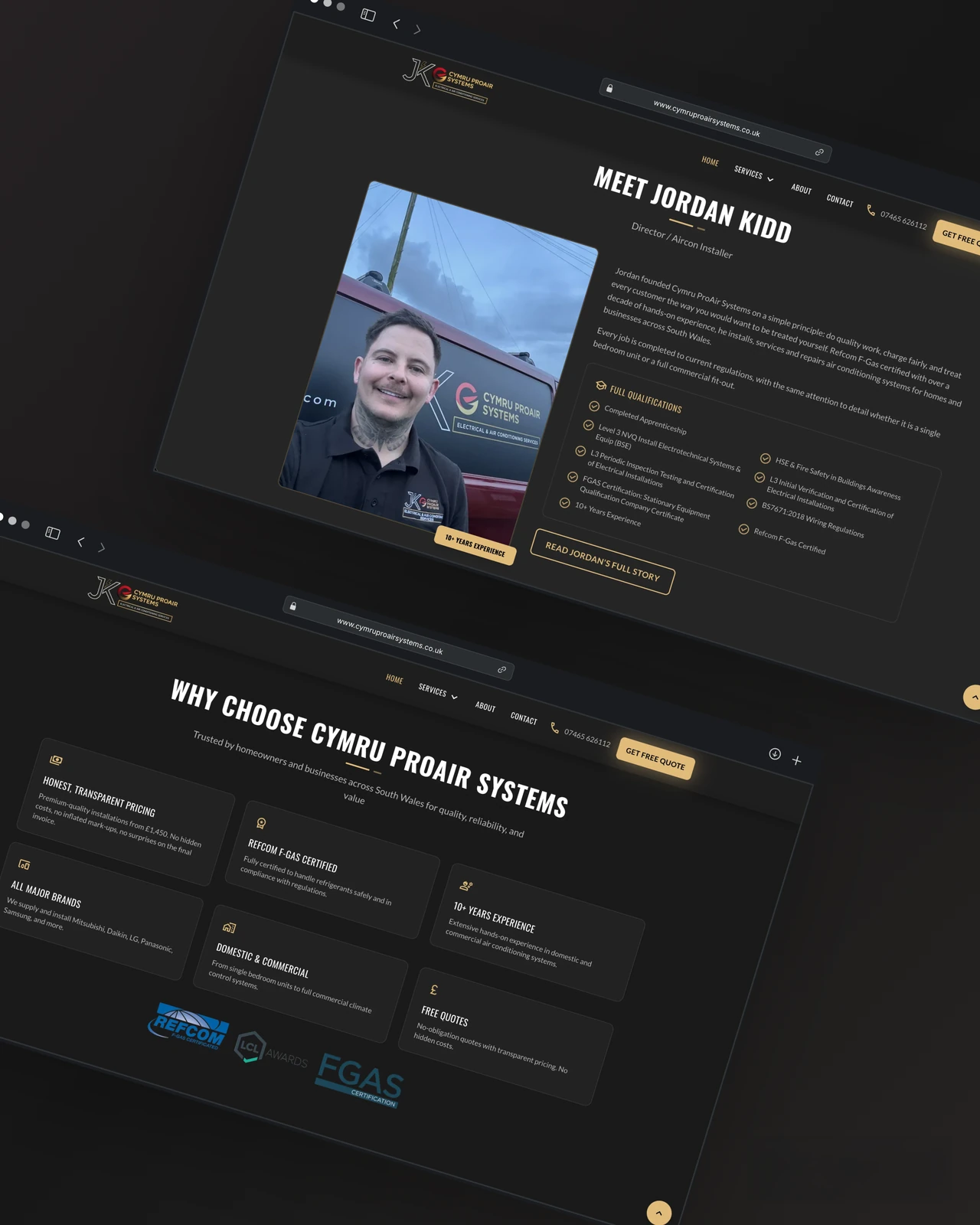 Cymru ProAir Systems website, desktop about and why choose pages webdev wales