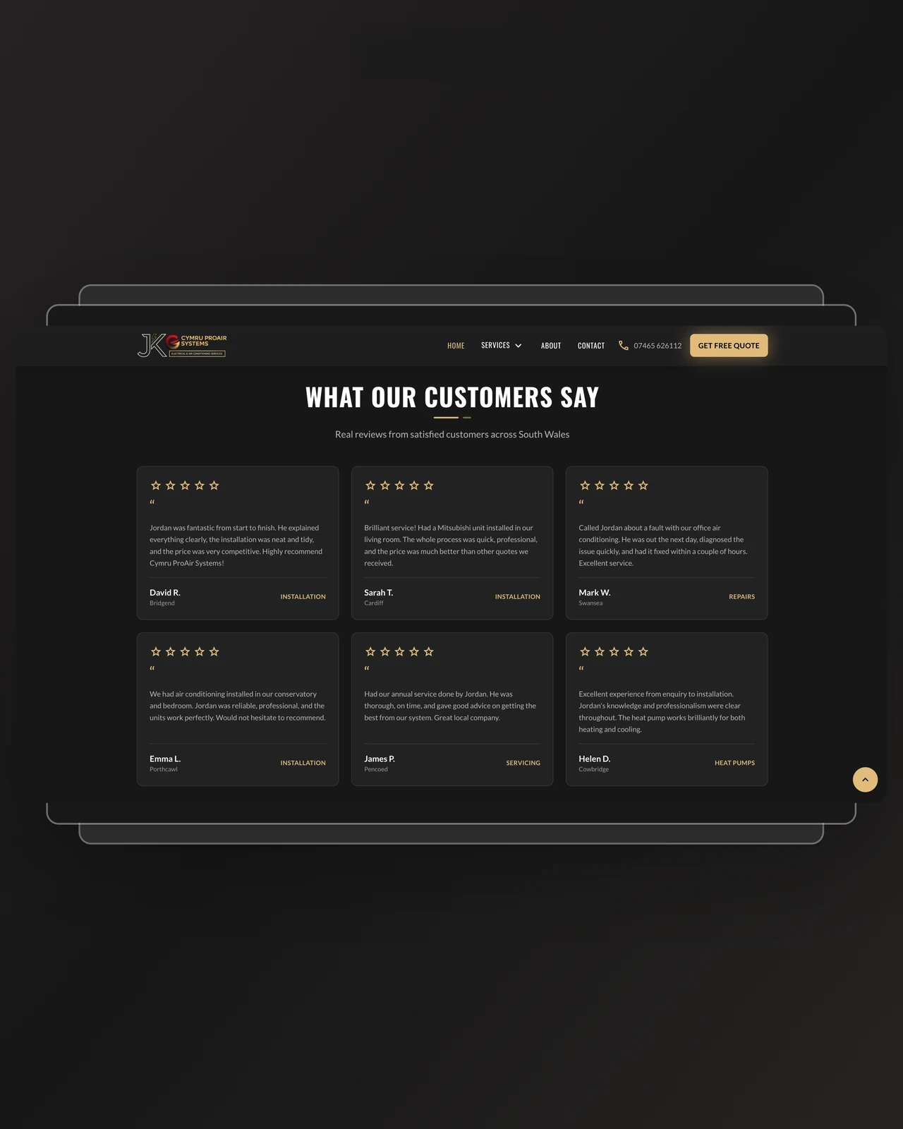 Cymru ProAir Systems website, desktop customer reviews page