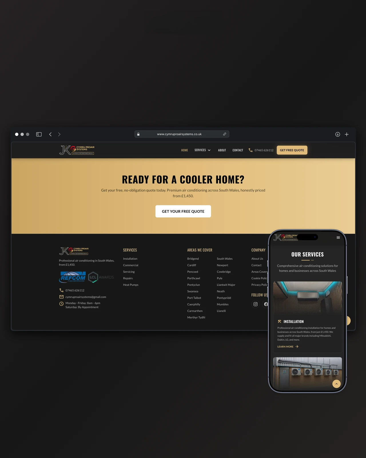 Cymru ProAir Systems website, desktop footer cta and mobile services