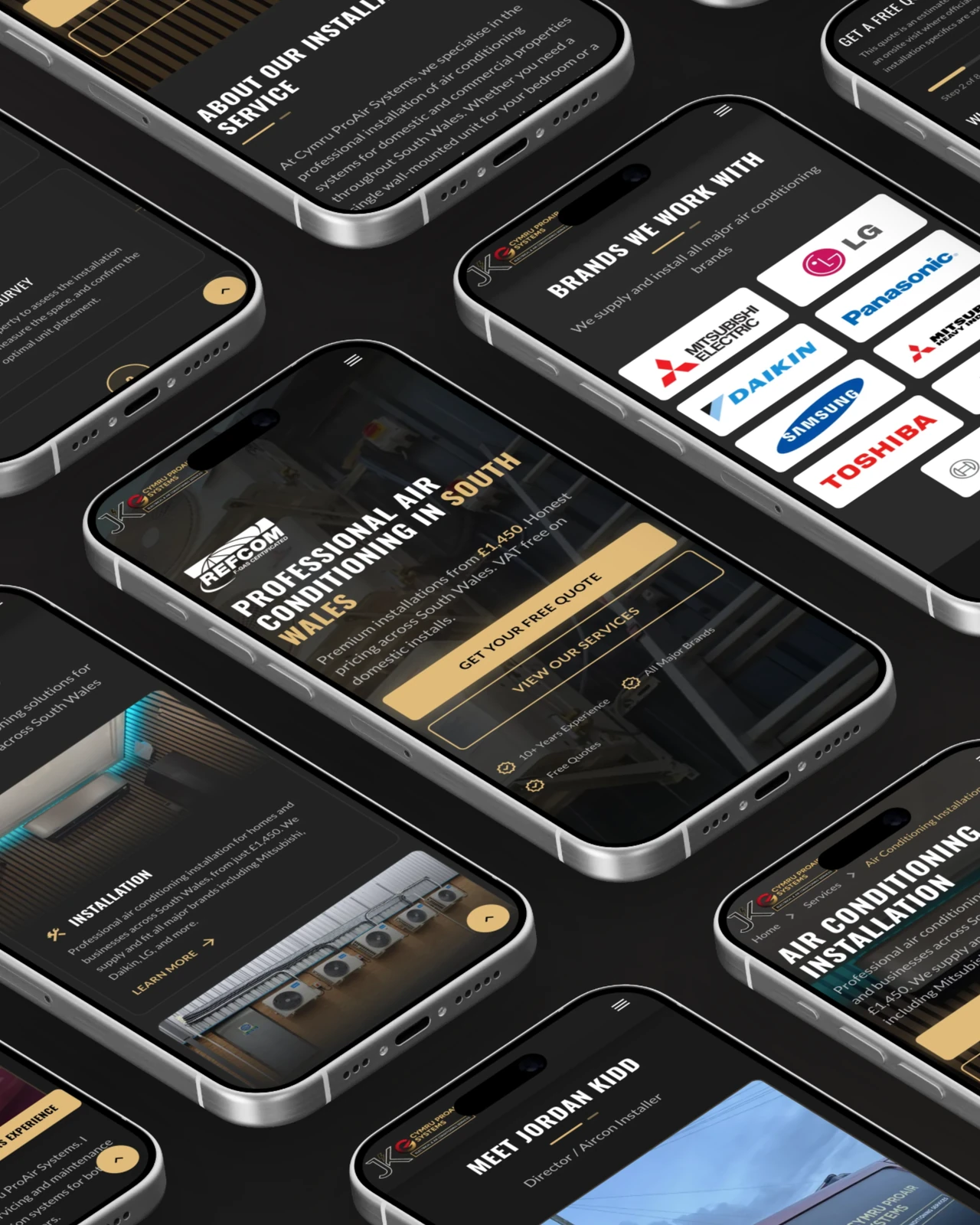 Cymru ProAir Systems website, mobile screens grid brands and services