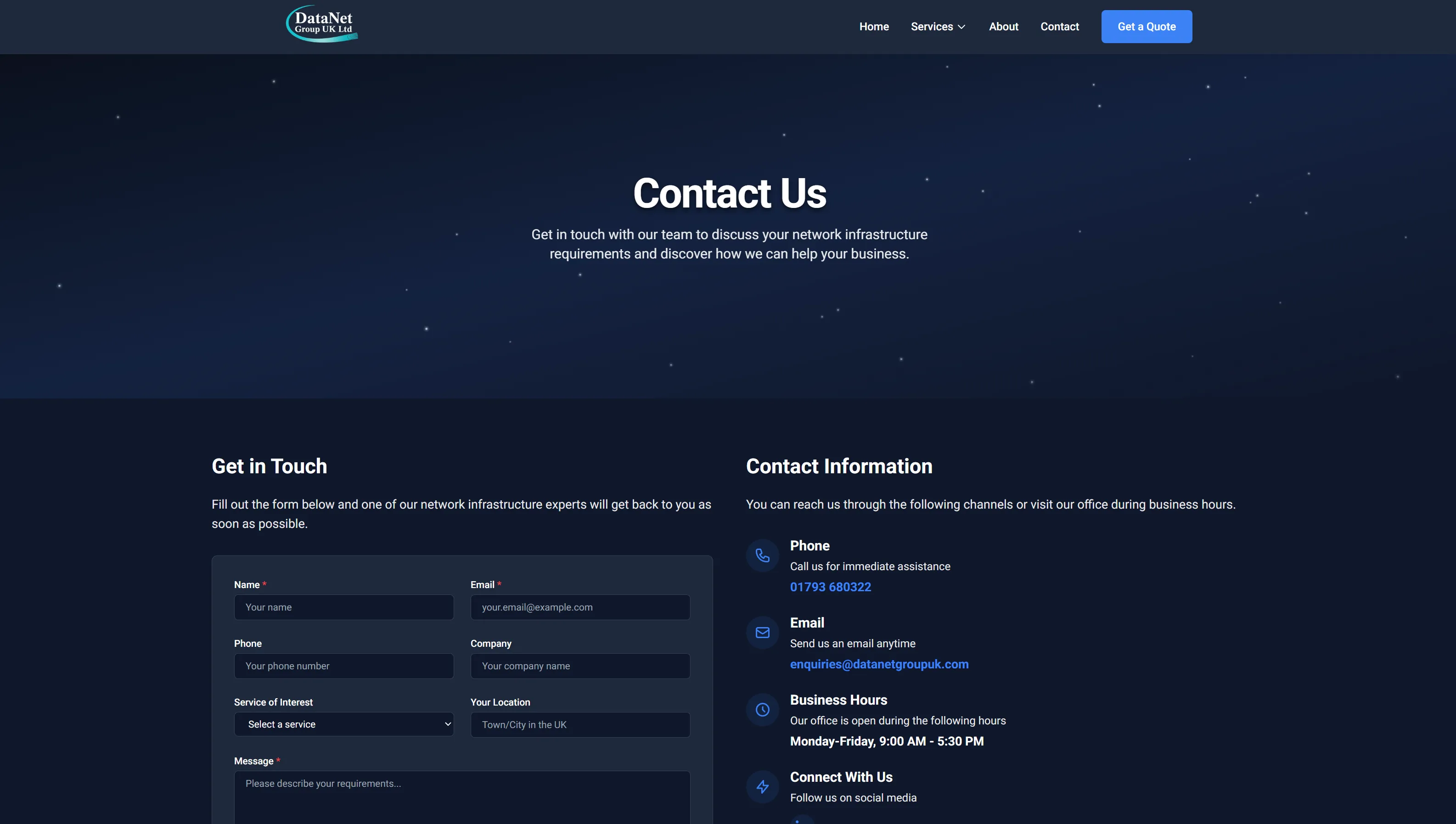 Datanet Group website, contact page