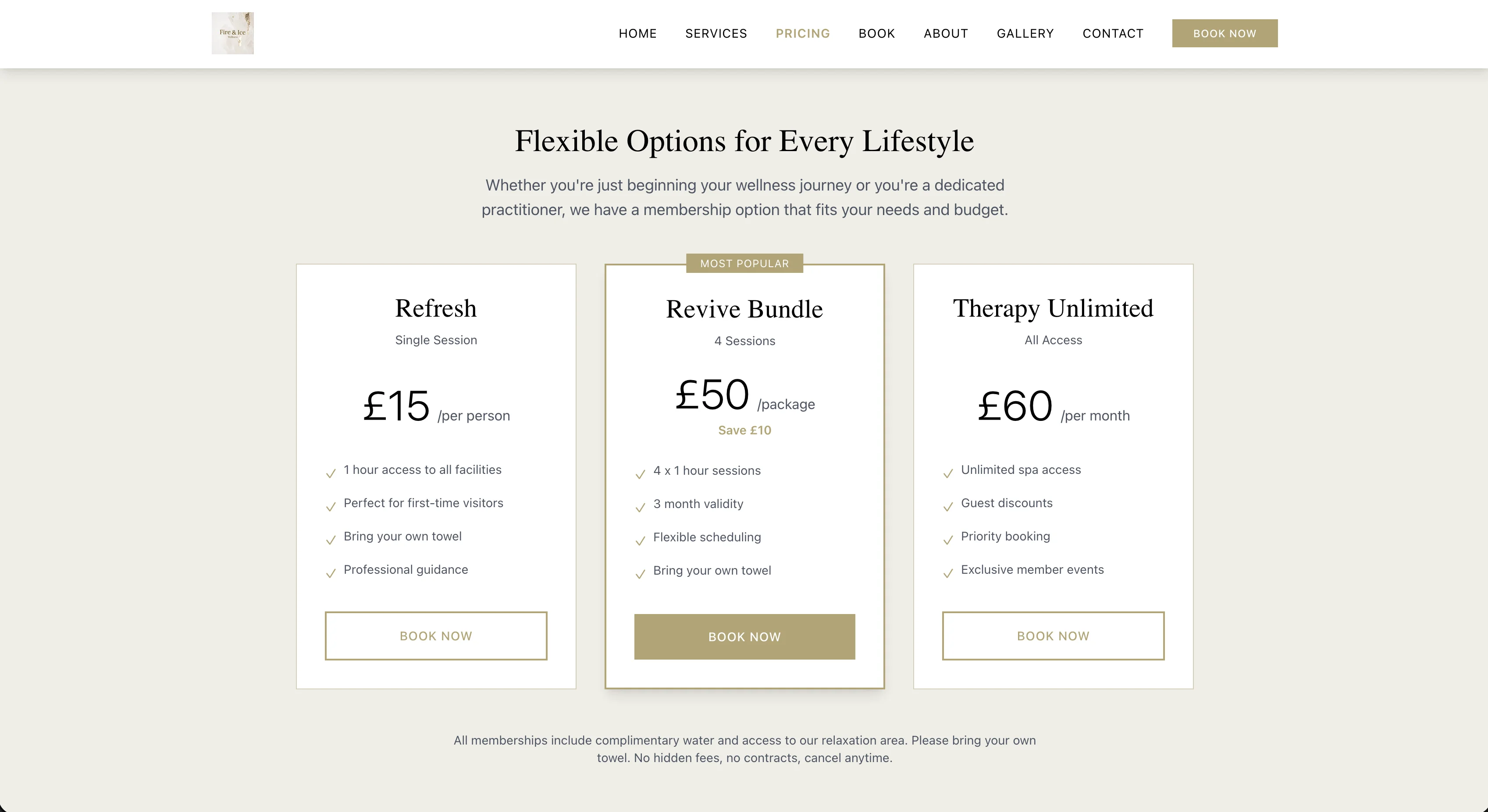 Fire & Ice Spa website, pricing page