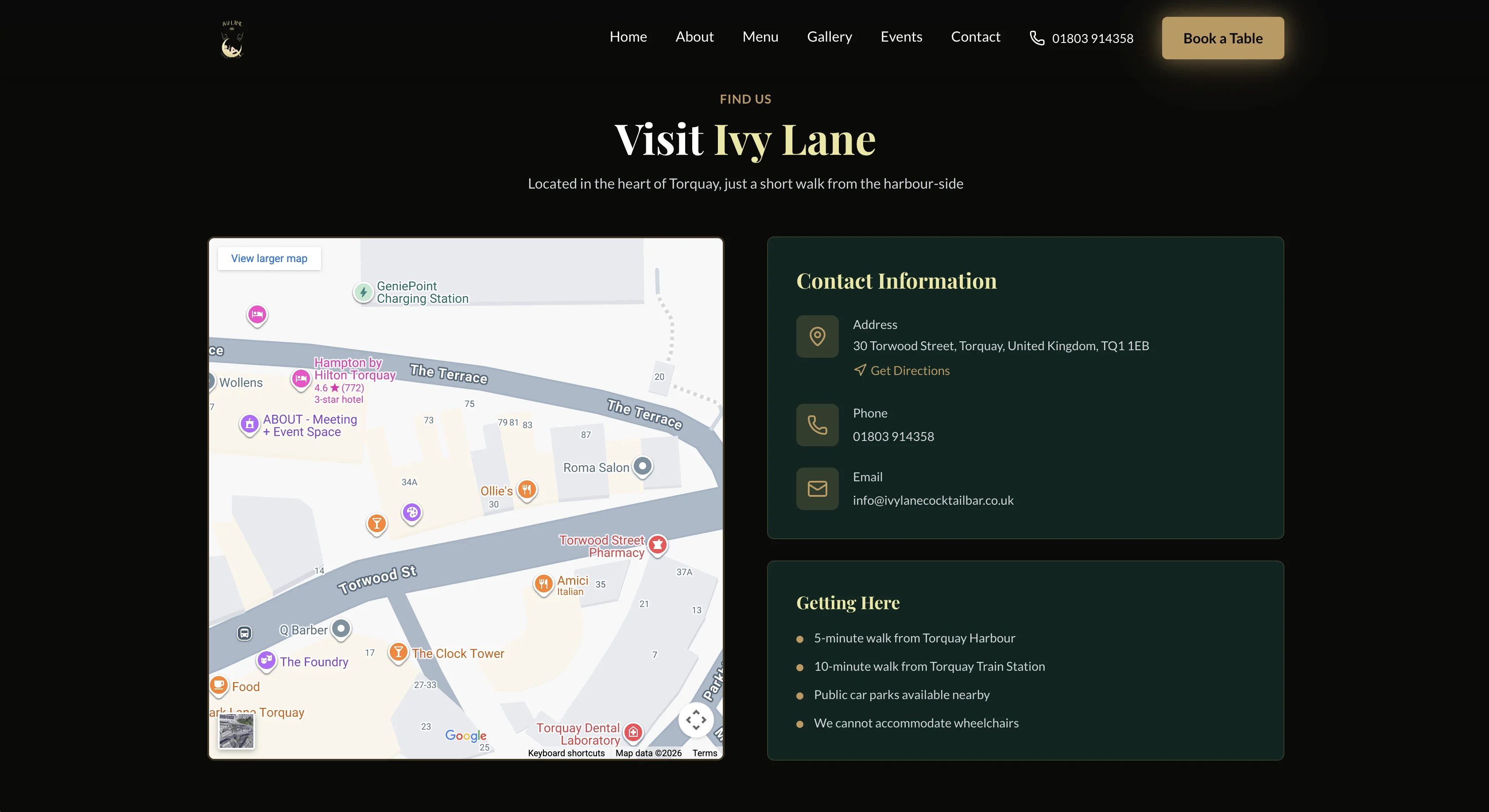 Ivy Lane Cocktail Bar website, contact page
