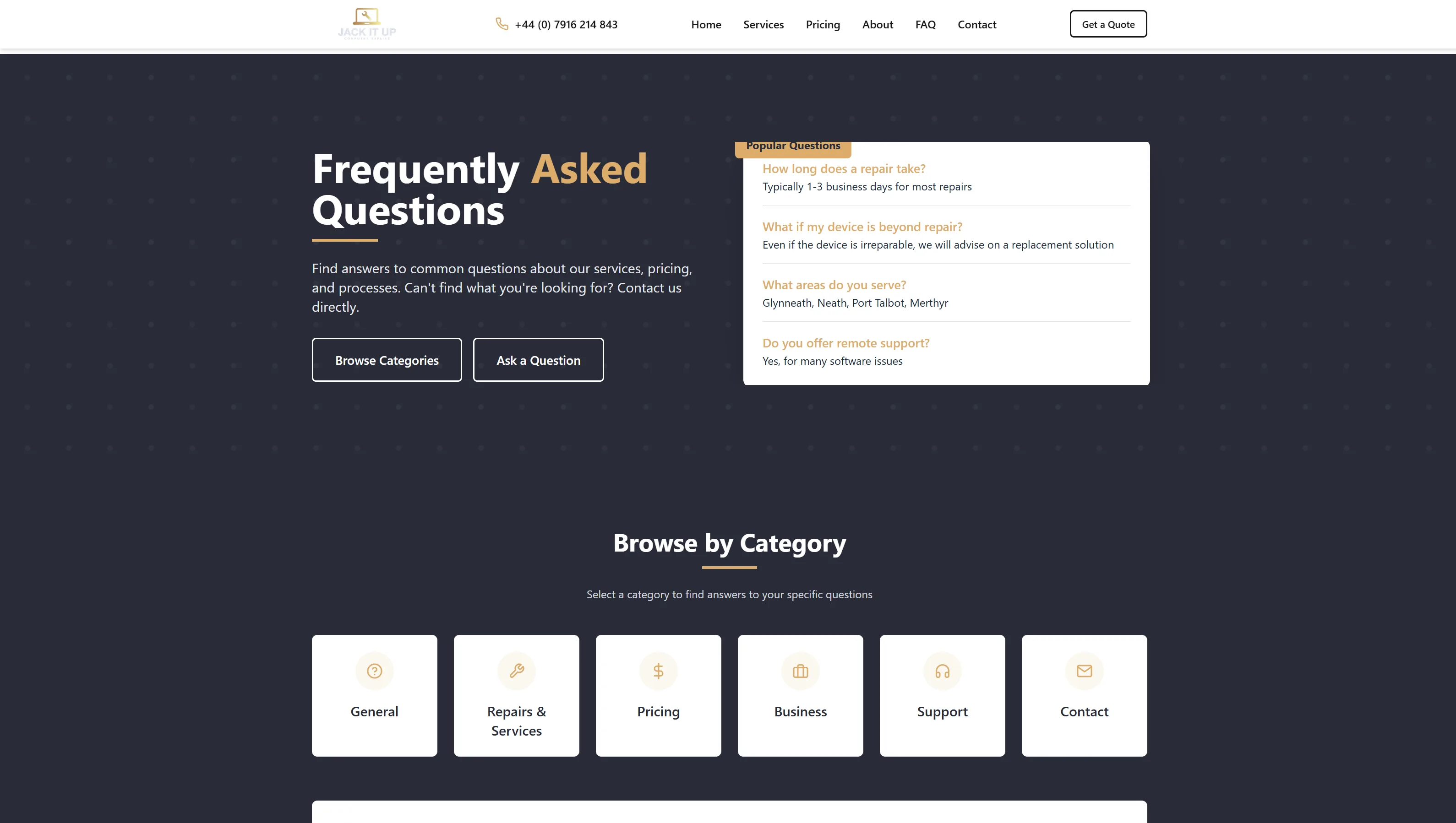Jack It Up Computer Repairs website, faq page