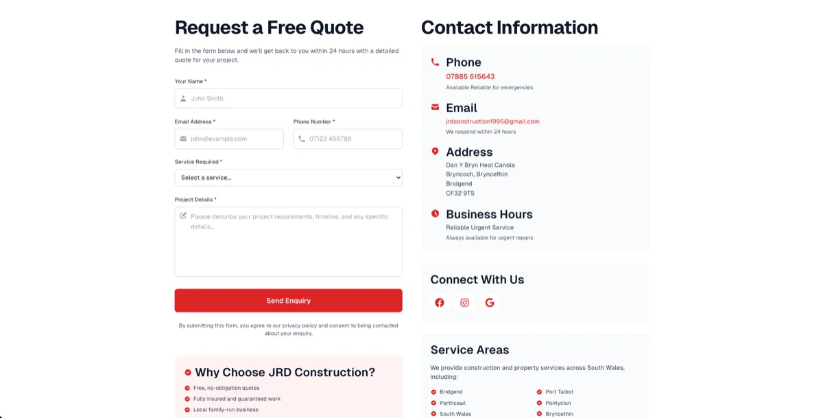 JRD Construction & Property Services website, contact page bridgend builders
