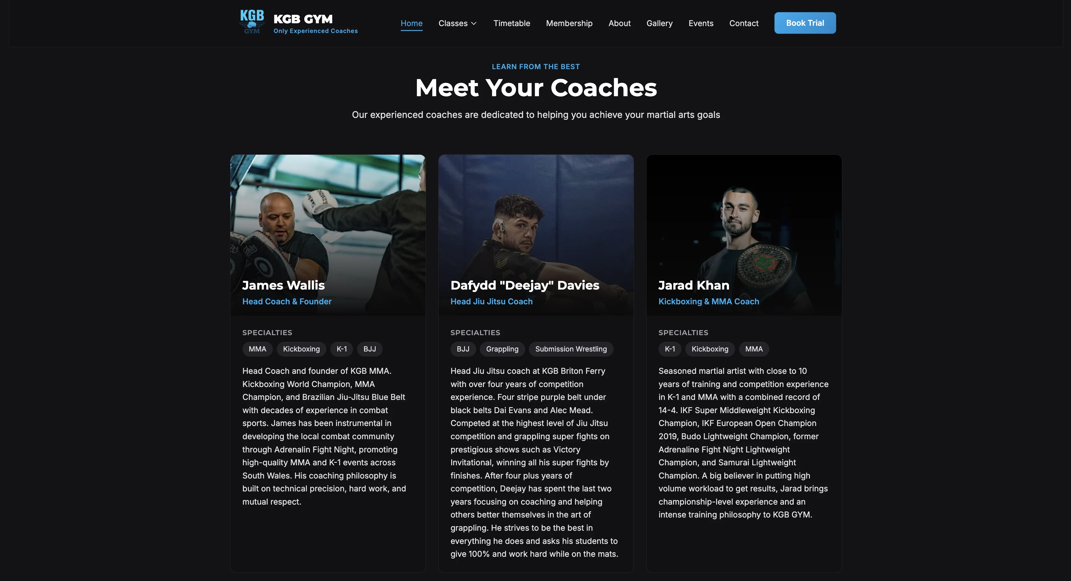 KGB Gym website, expert coaches kickboxing bjj