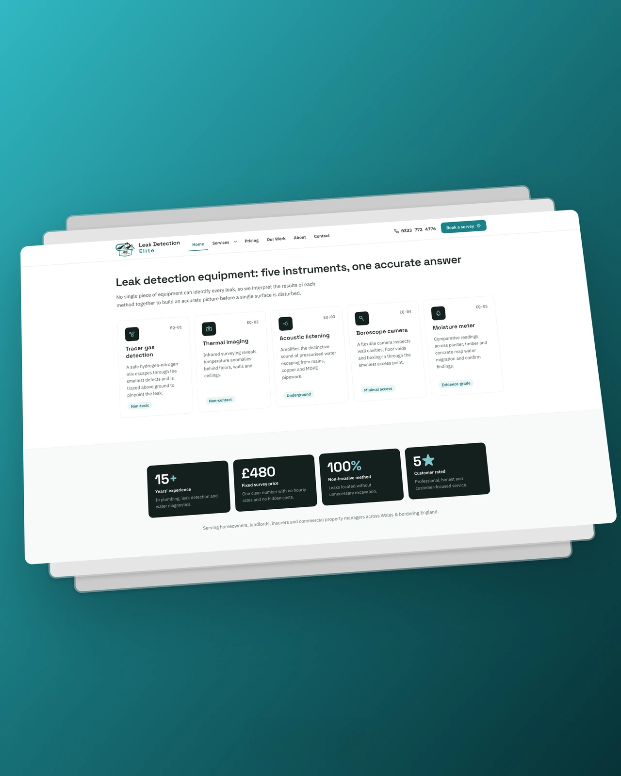 Leak Detection Elite website, desktop equipment and stats section webdev wales