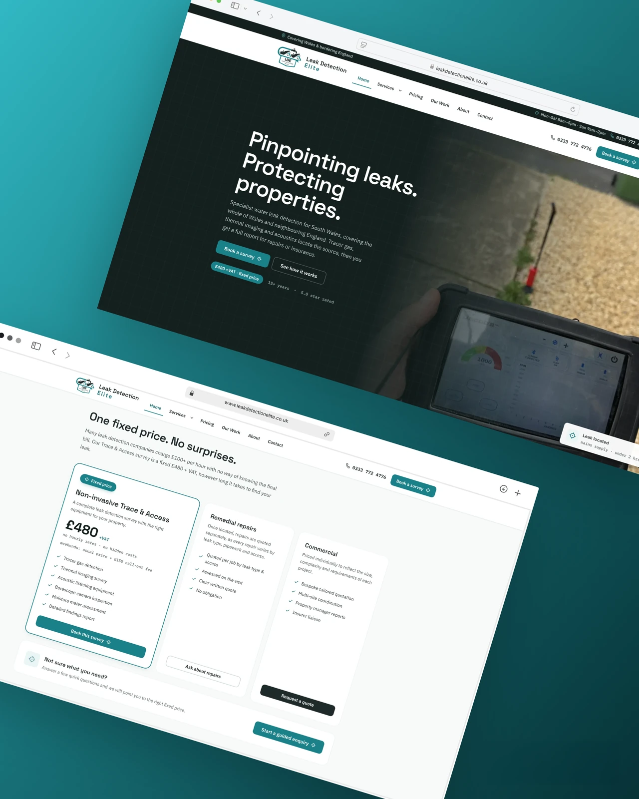 Leak Detection Elite website, desktop homepage hero and pricing page webdev wales