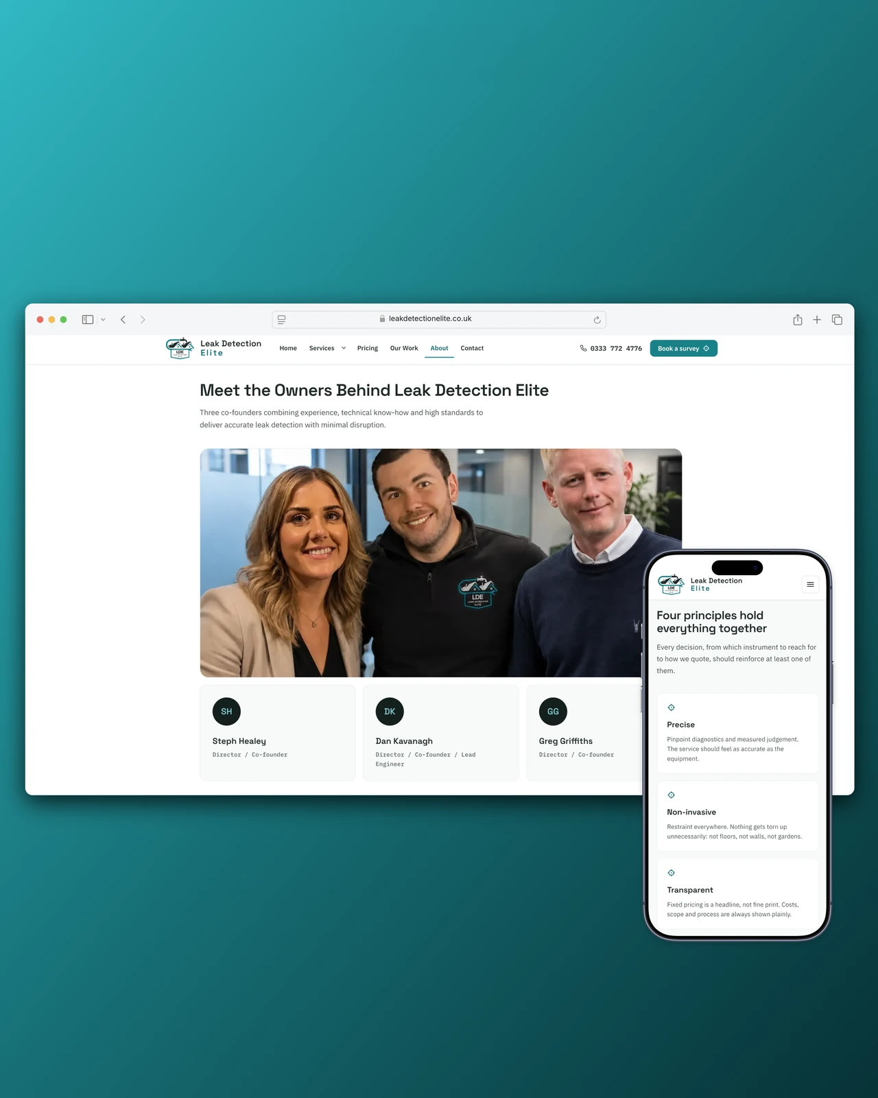 Leak Detection Elite website, desktop meet the owners and mobile principles