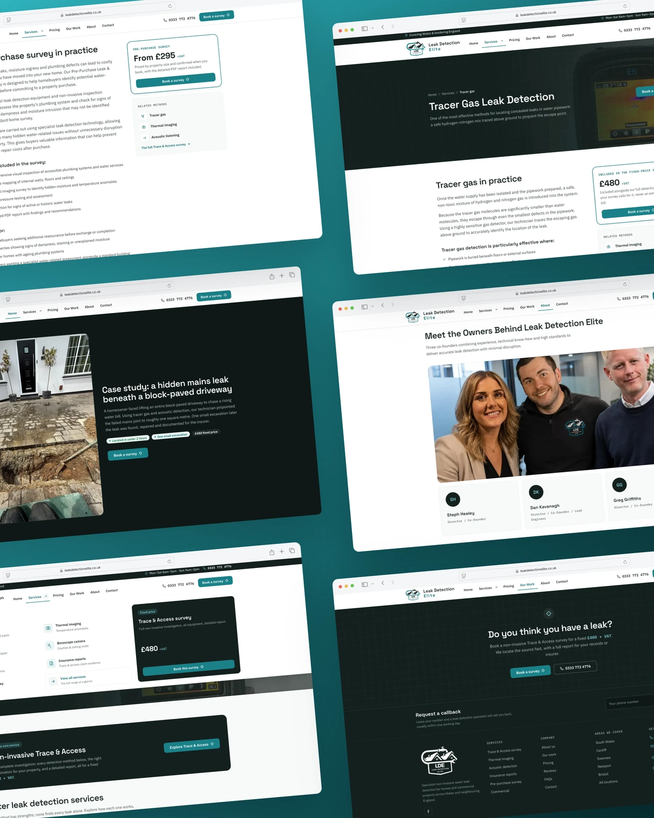 Leak Detection Elite website, desktop screens grid across the site