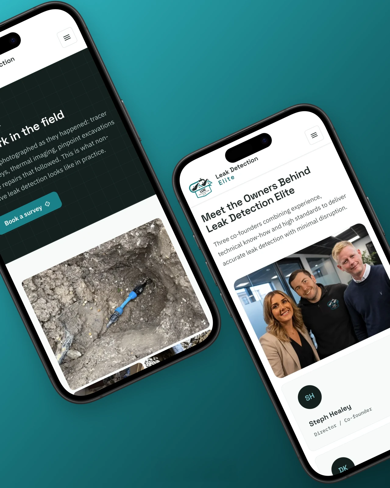 Leak Detection Elite website, mobile our work and meet the owners
