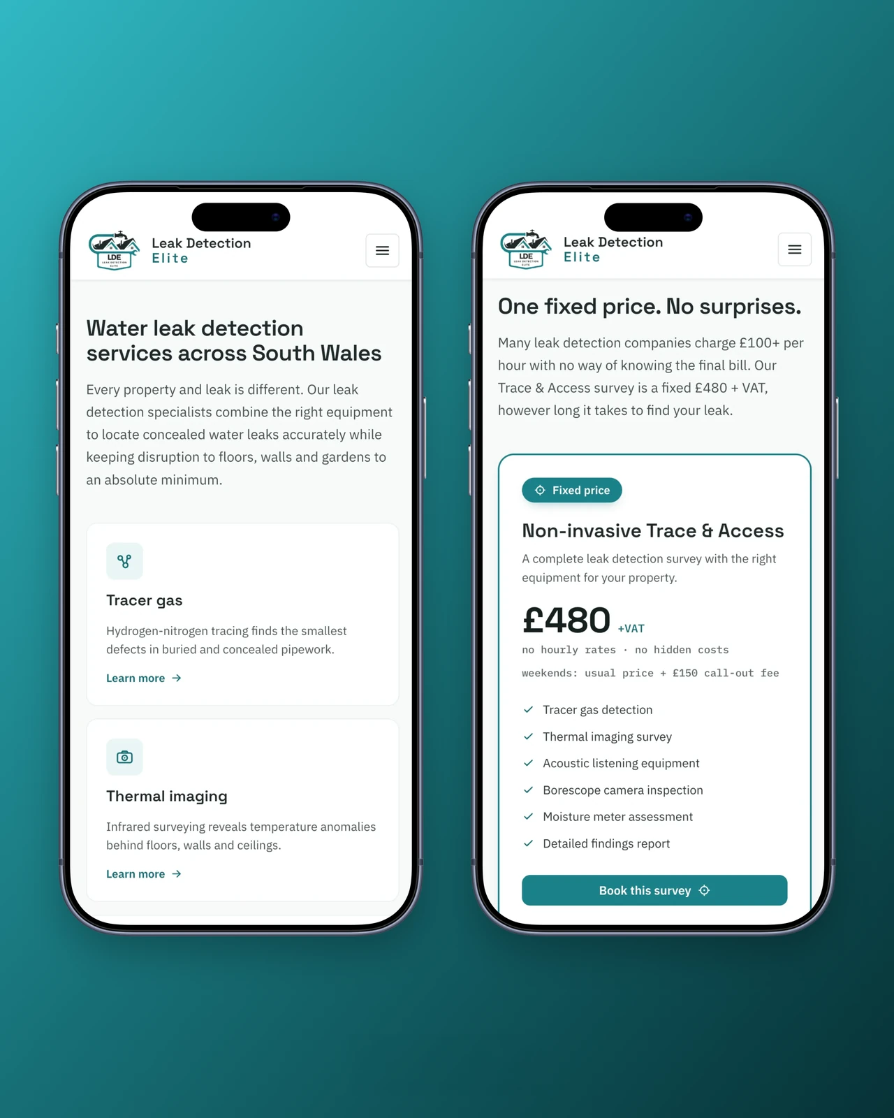 Leak Detection Elite website, mobile services and fixed price pages