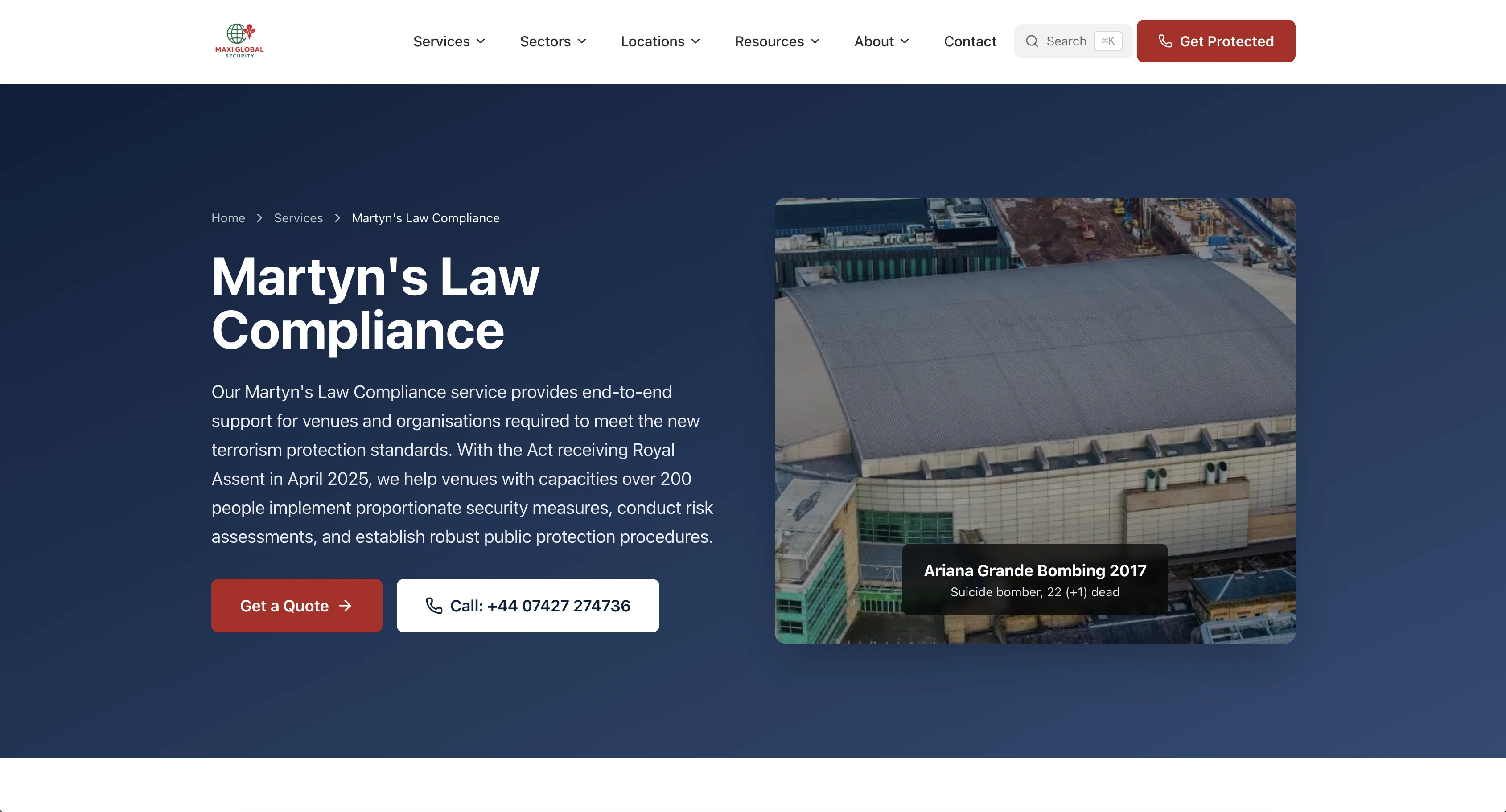 Maxi Global Security website, martyns law compliance