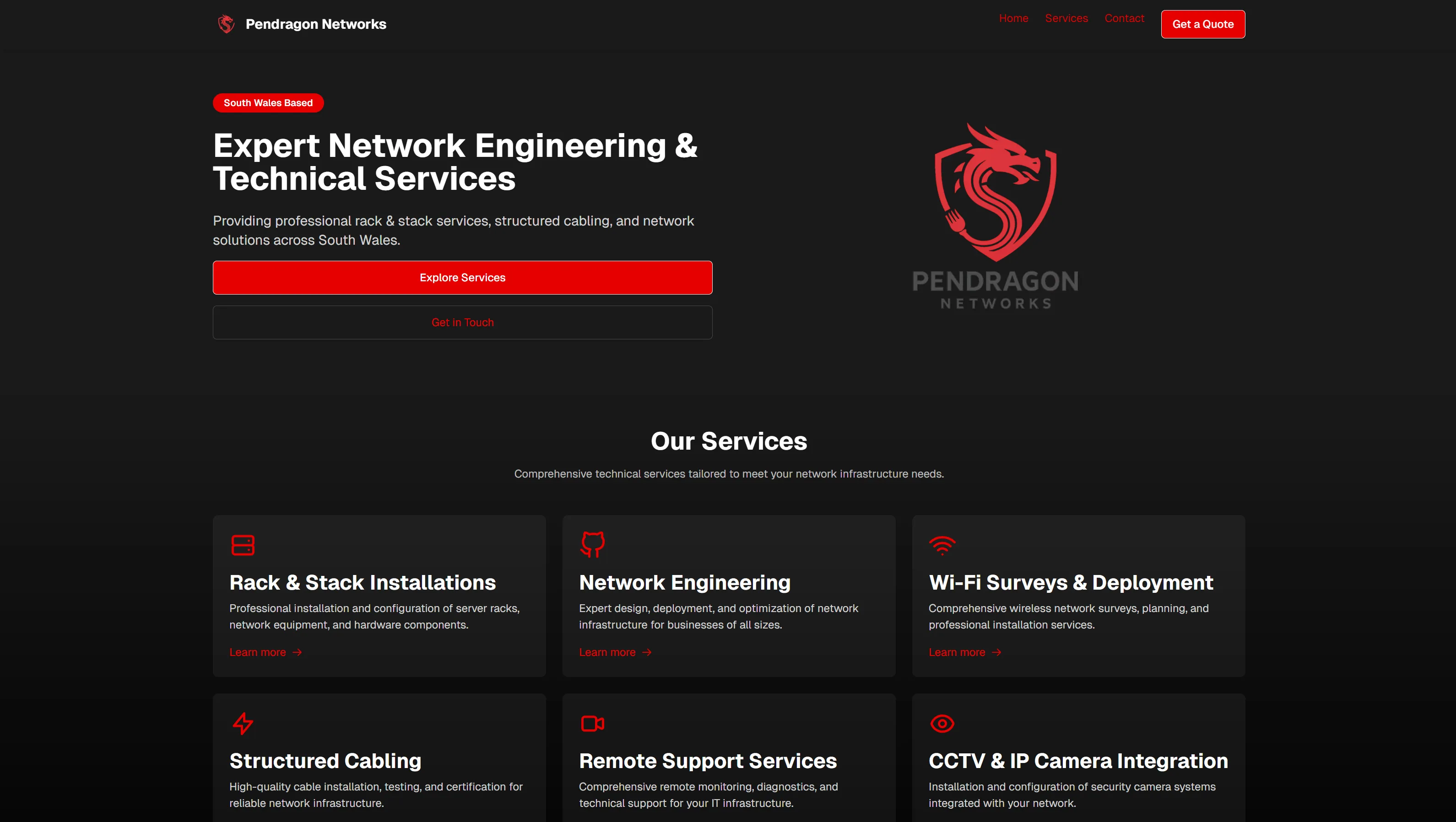 Pendragon Networks website, home page