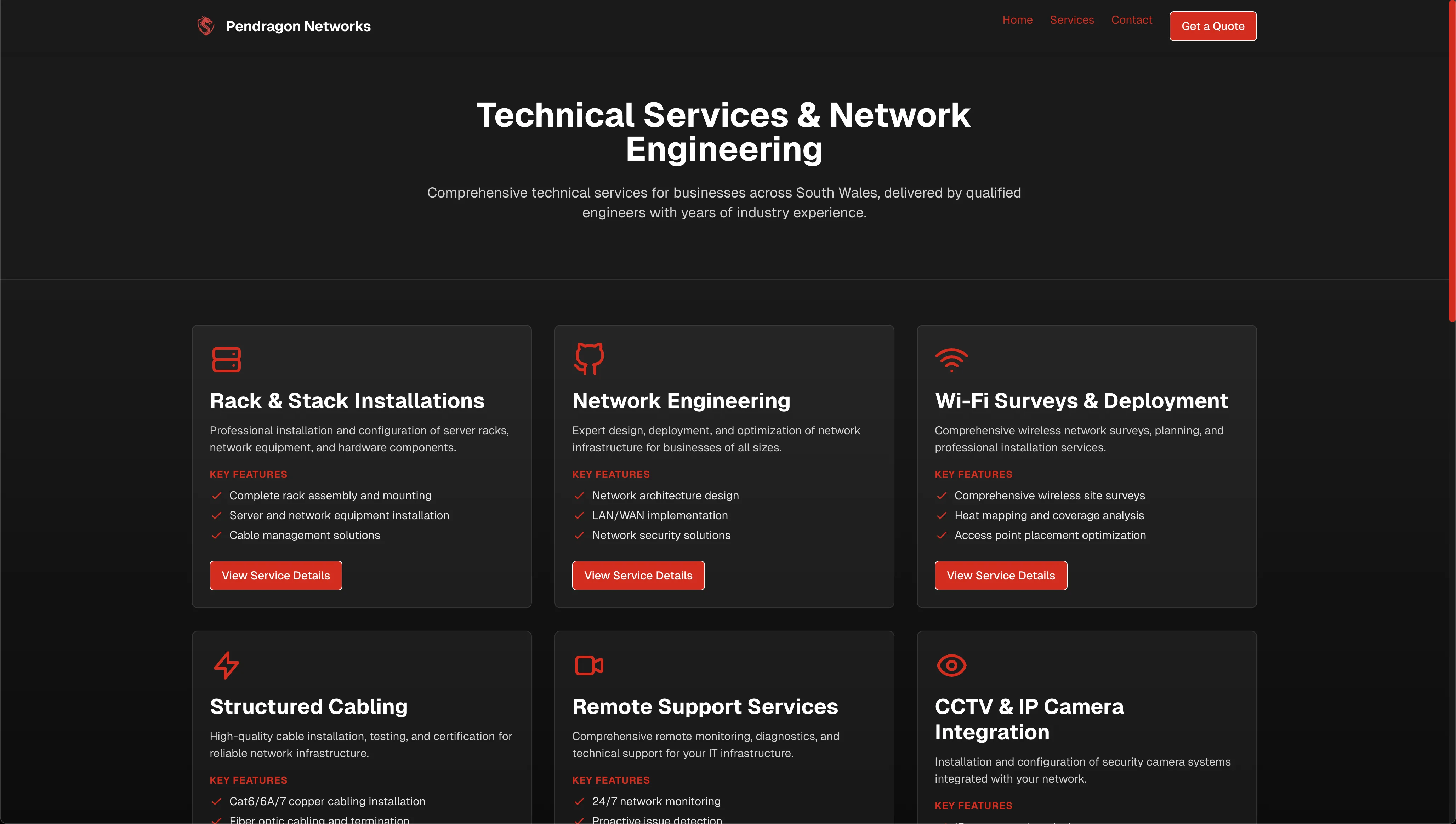 Pendragon Networks website, technical services
