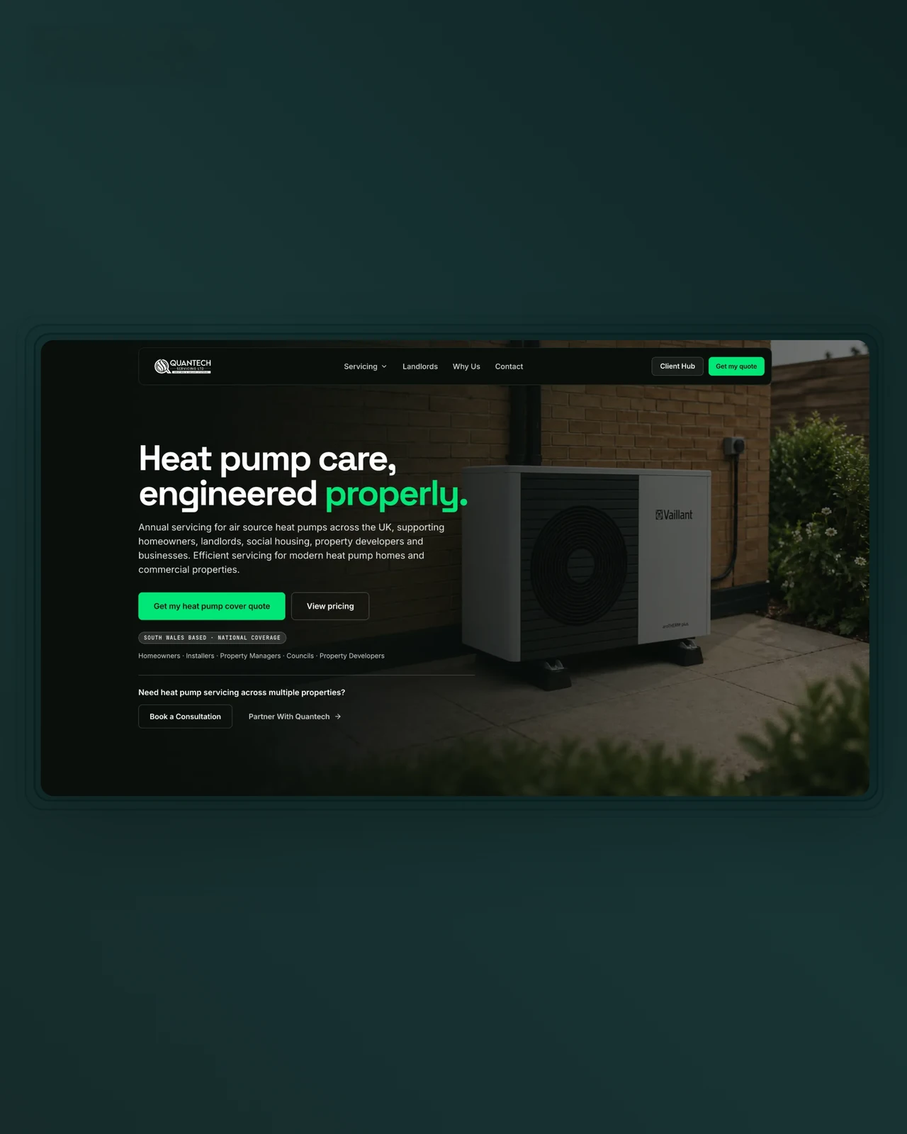 Quantech Servicing website, quantech desktop homepage hero webdev wales