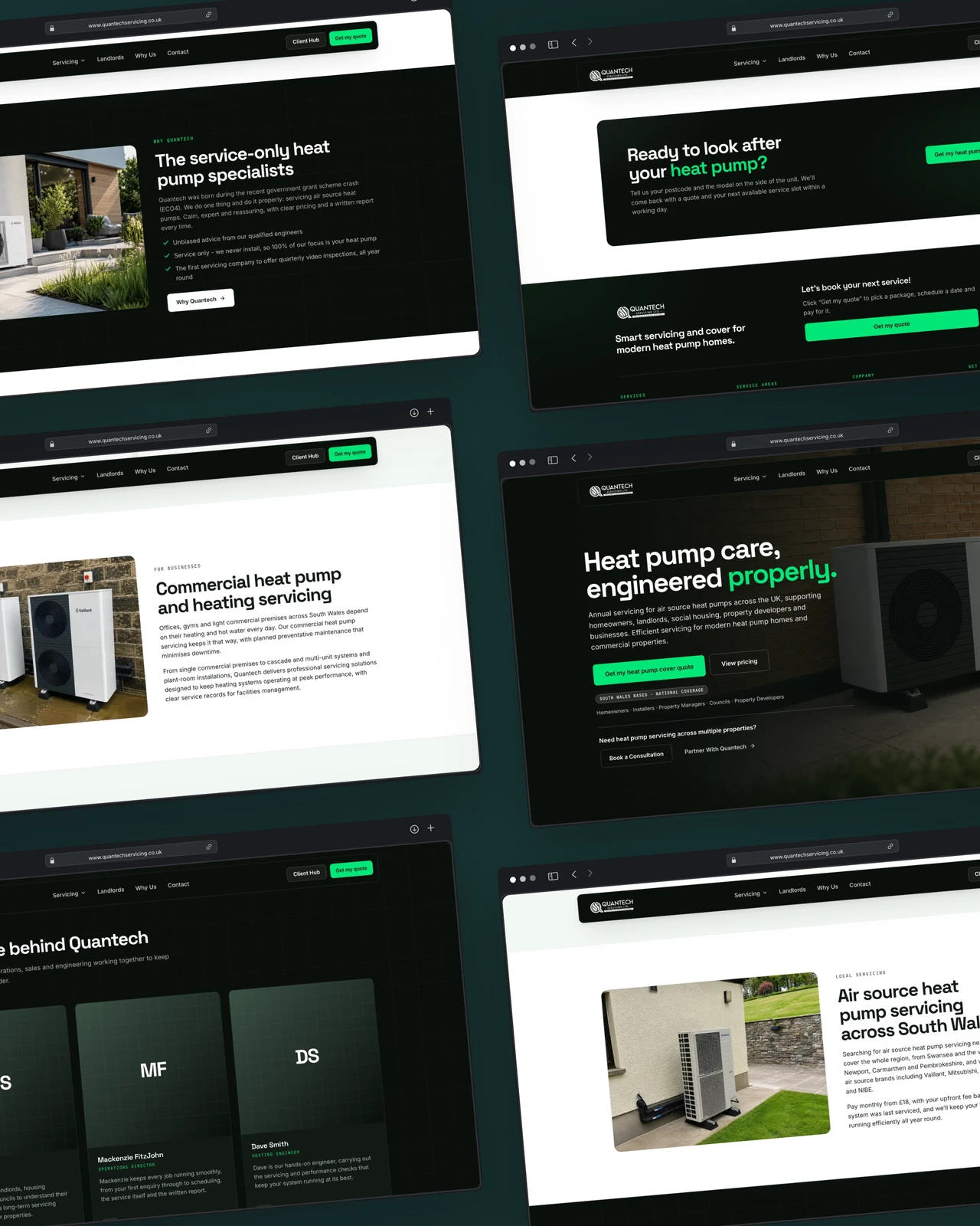 Quantech Servicing website, desktop screens grid across the site