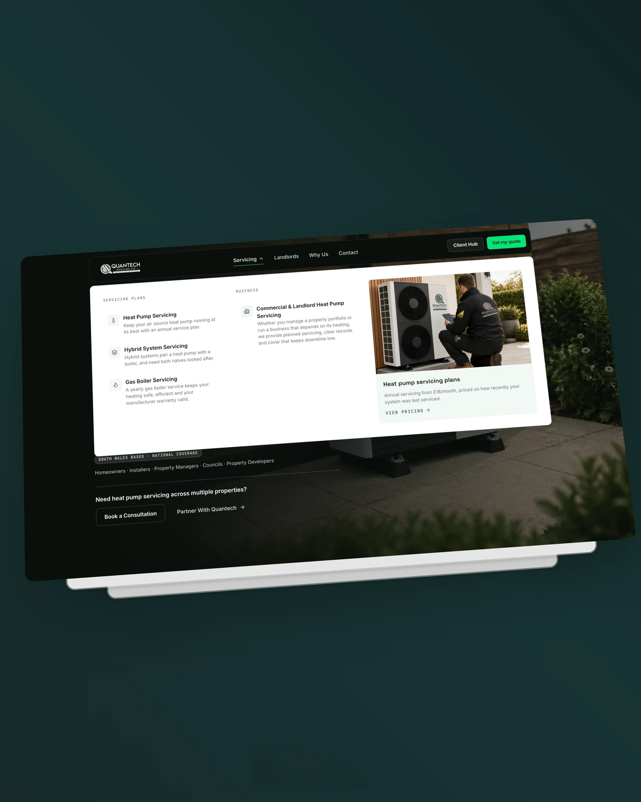 Quantech Servicing website, desktop servicing mega menu