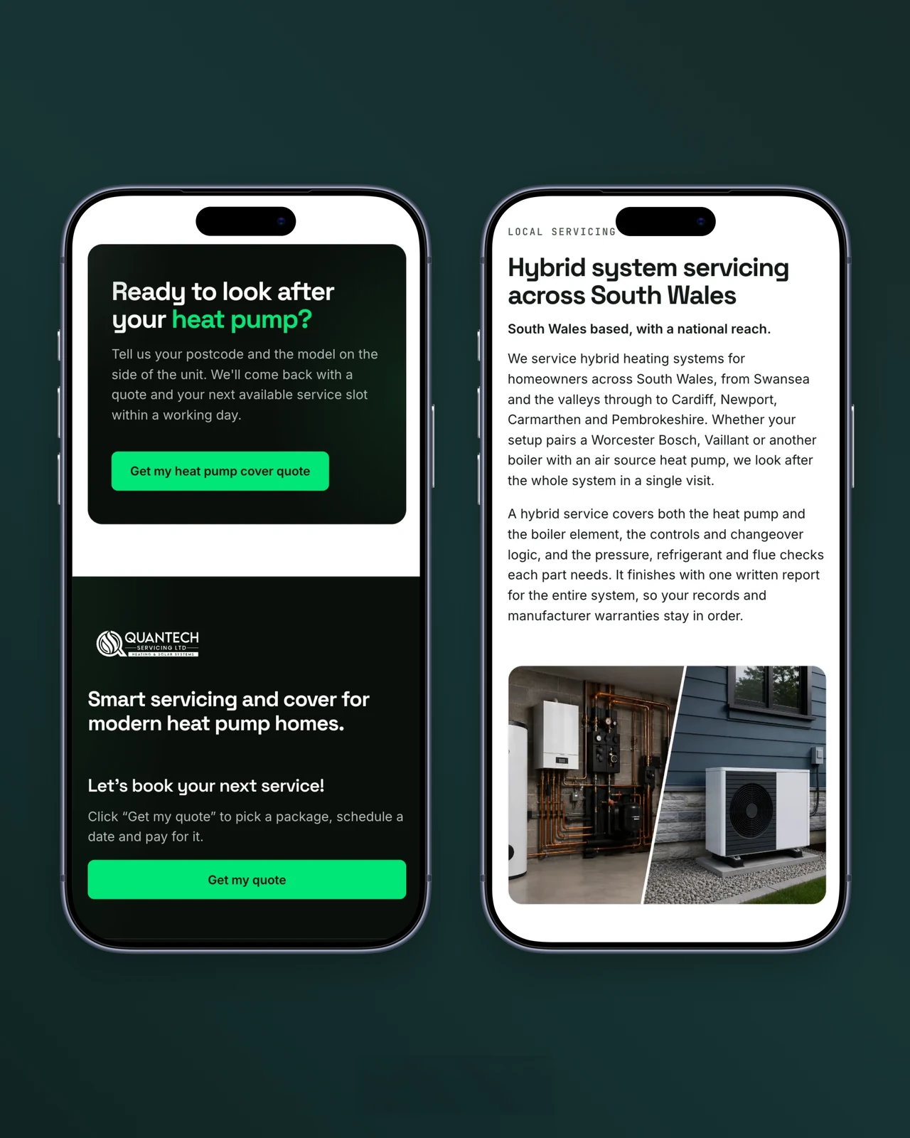 Quantech Servicing website, mobile booking cta and hybrid servicing